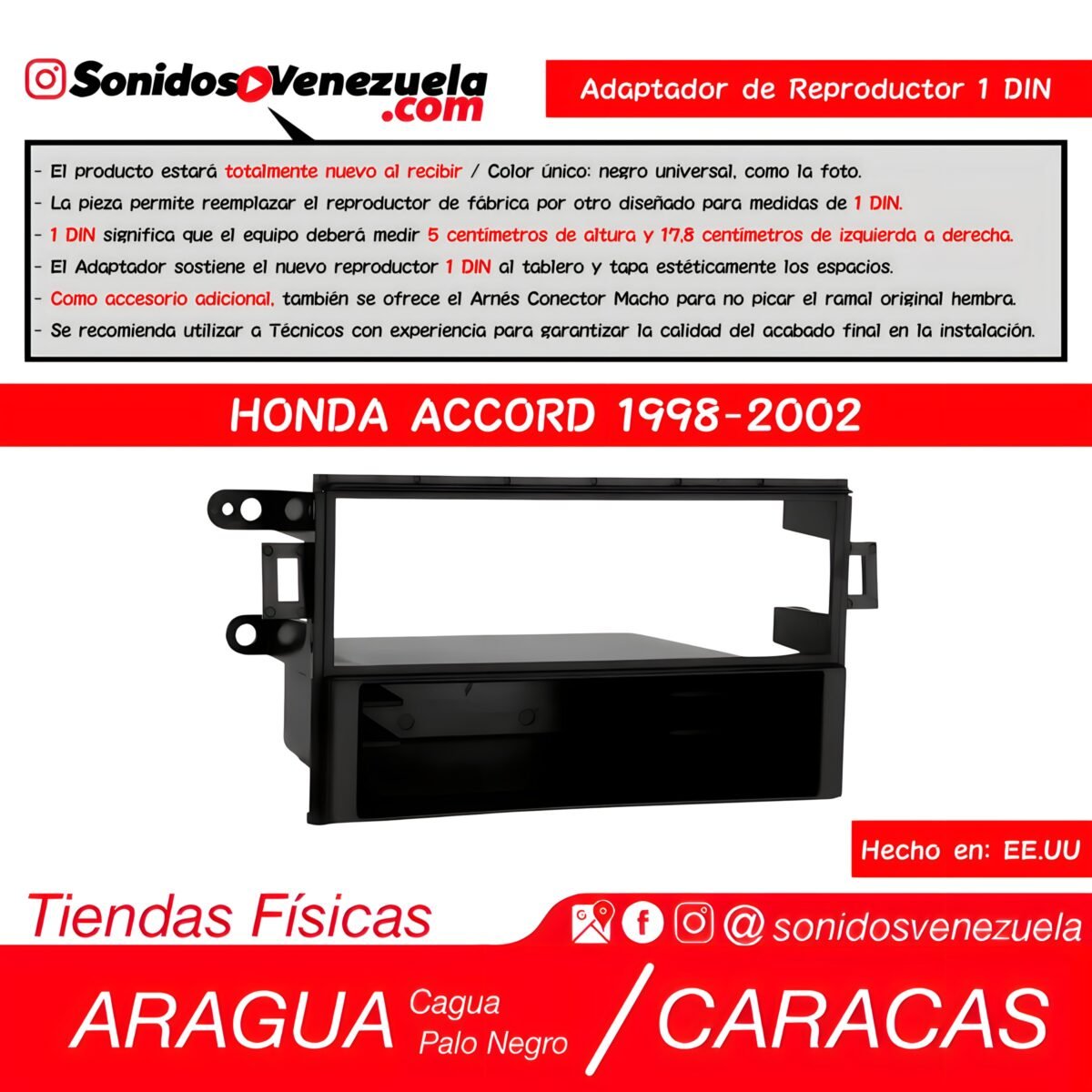 Adaptador de Reproductor 1 DIN Para Honda Accord 1998-2002