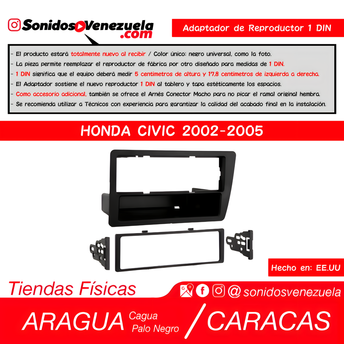 Adaptador de Reproductor 1 DIN Para Honda Civic 2002-2005