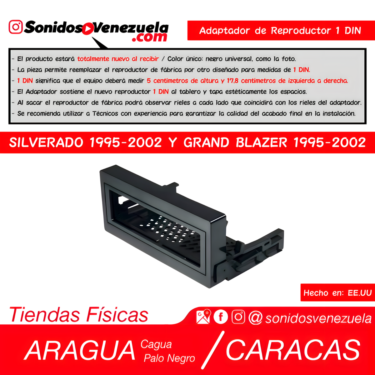 Adaptador de Reproductor 1 DIN Para Chevrolet Silverado / Cheyenne 1995-2002 y Grand Blazer 1995-2002