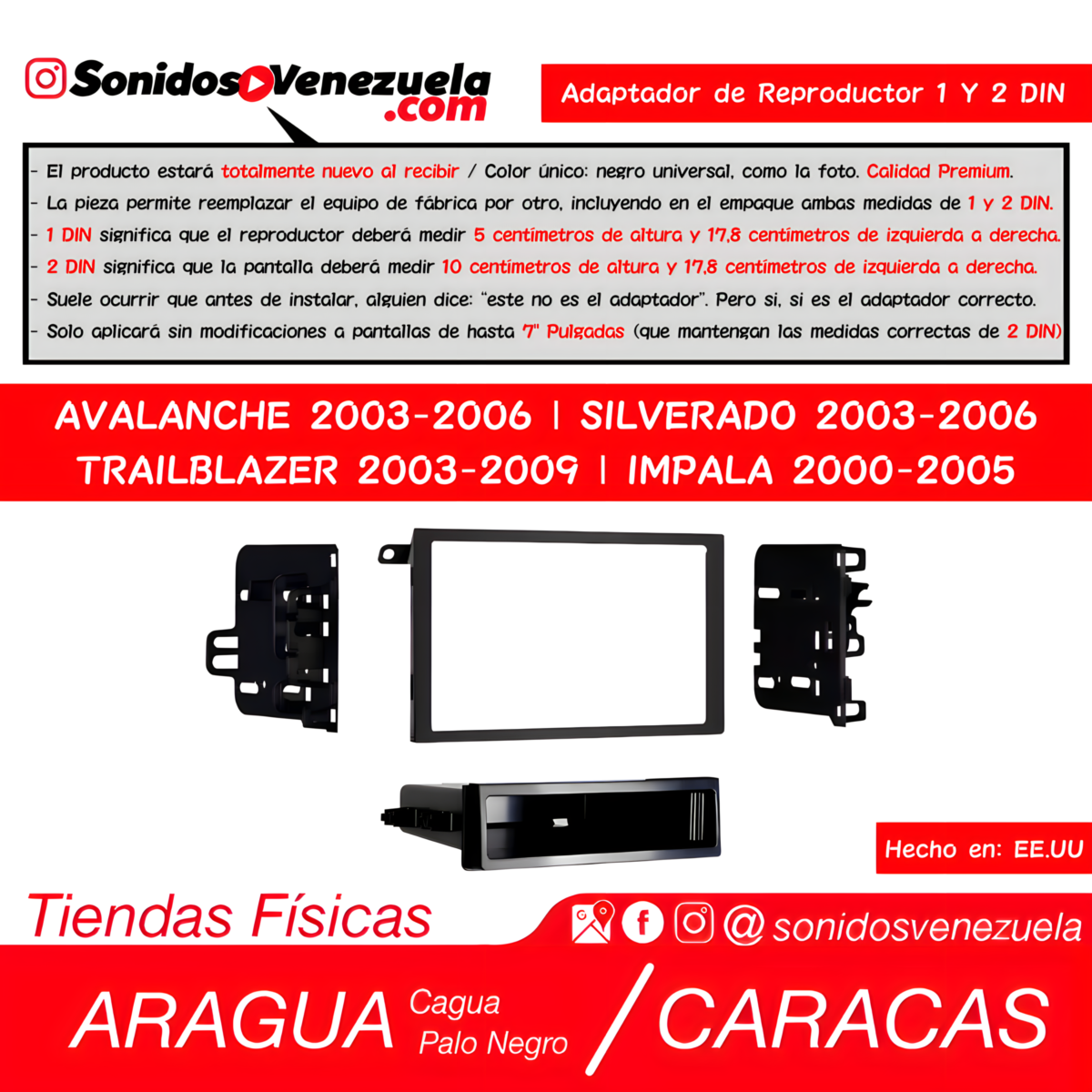 Adaptador de Reproductor 1 y 2 DIN Multi Kit Para Chevrolet 2000-2006