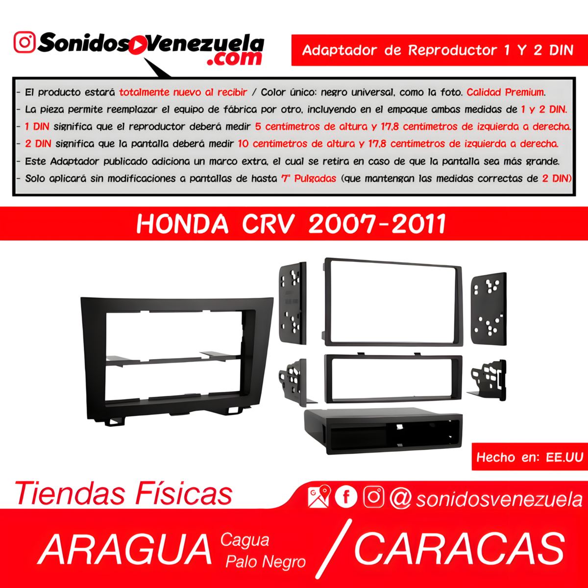 Adaptador de Reproductor 1 y 2 DIN Para Honda CRV 2007-2011
