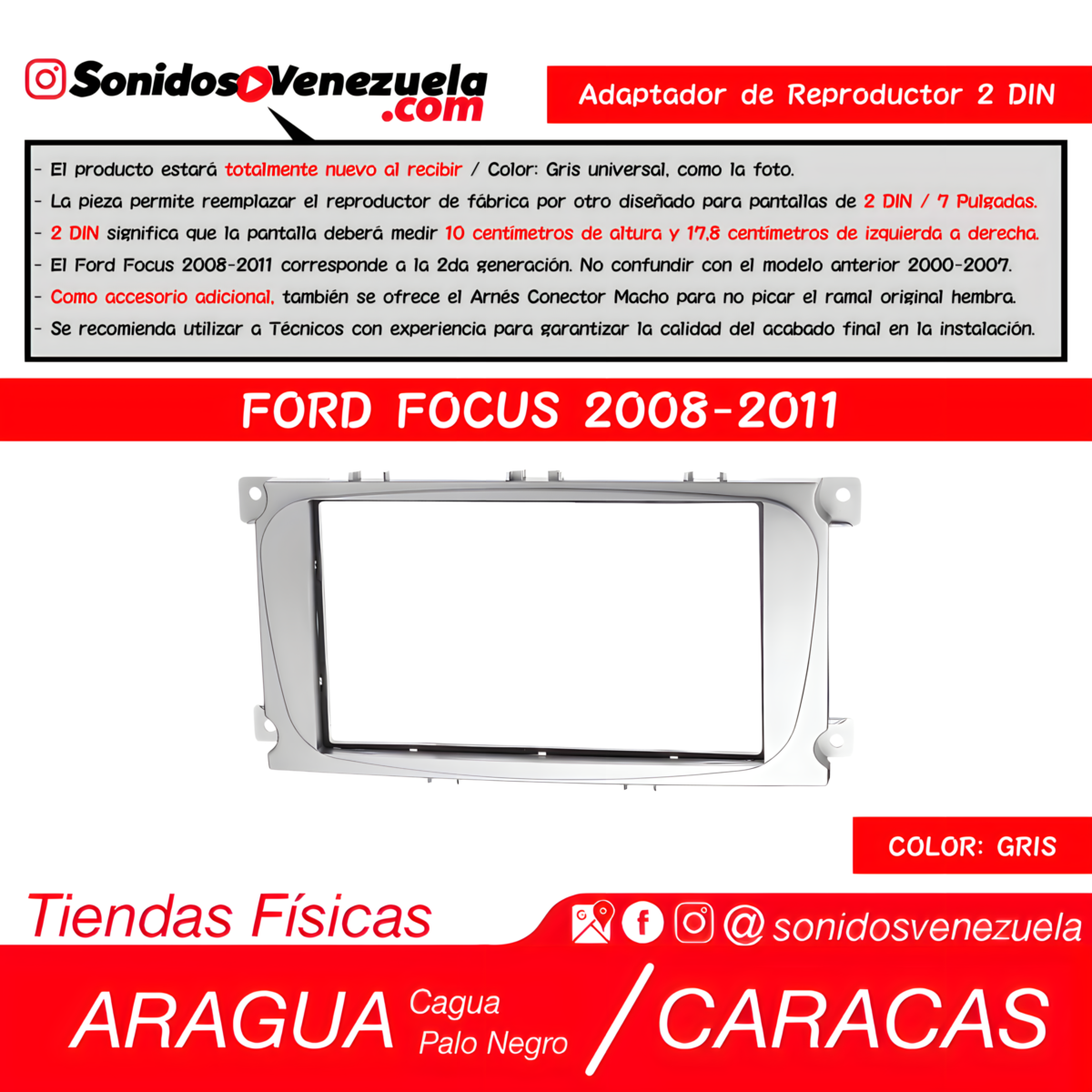 Adaptador de Reproductor 2 DIN Para Ford Focus 2008-2011 (Gris)