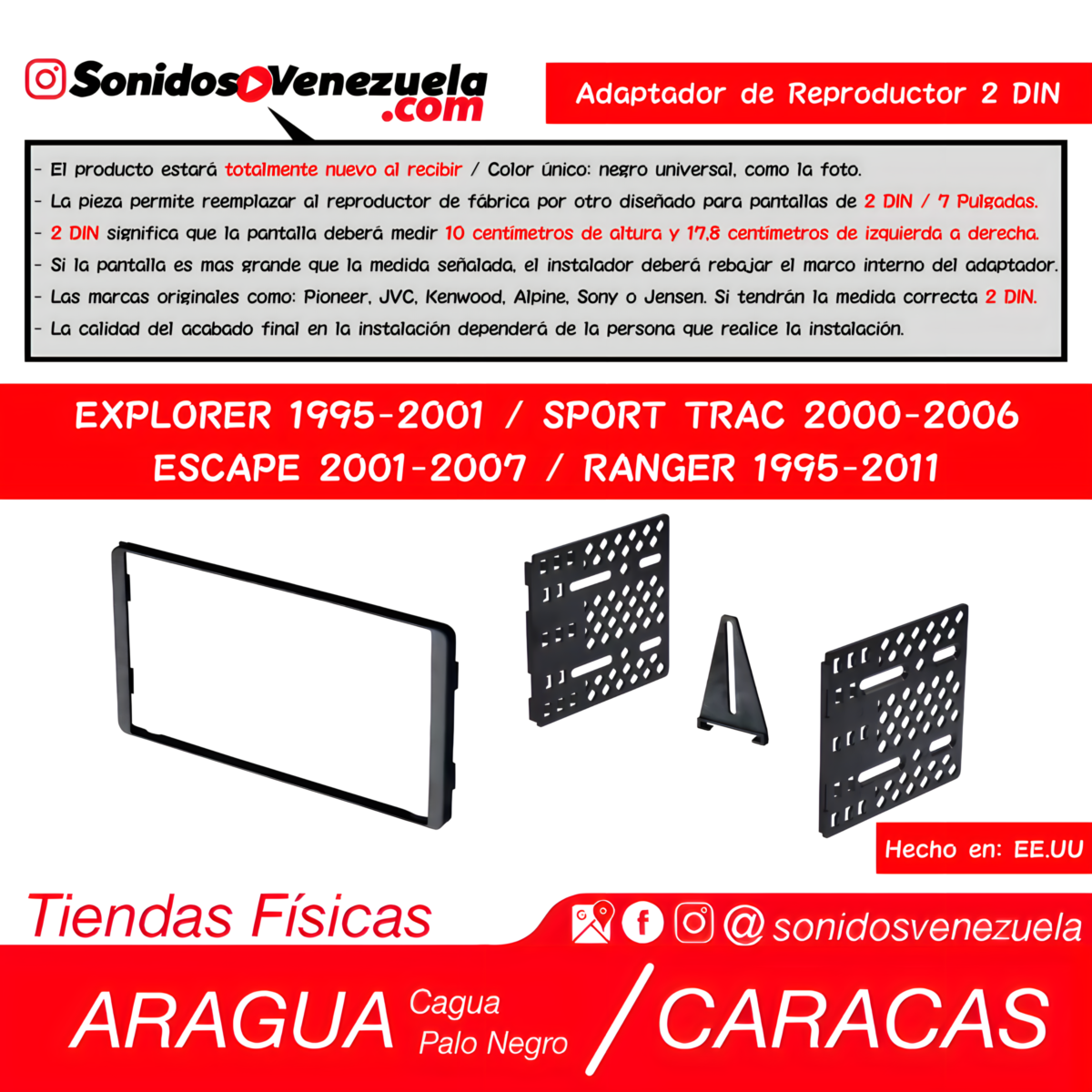 Adaptador de Reproductor 2 DIN Para Ford Explorer 1995-2001 / Sport Trac 2000-2006 / Escape 2001-2007 y Ranger 1995-2011
