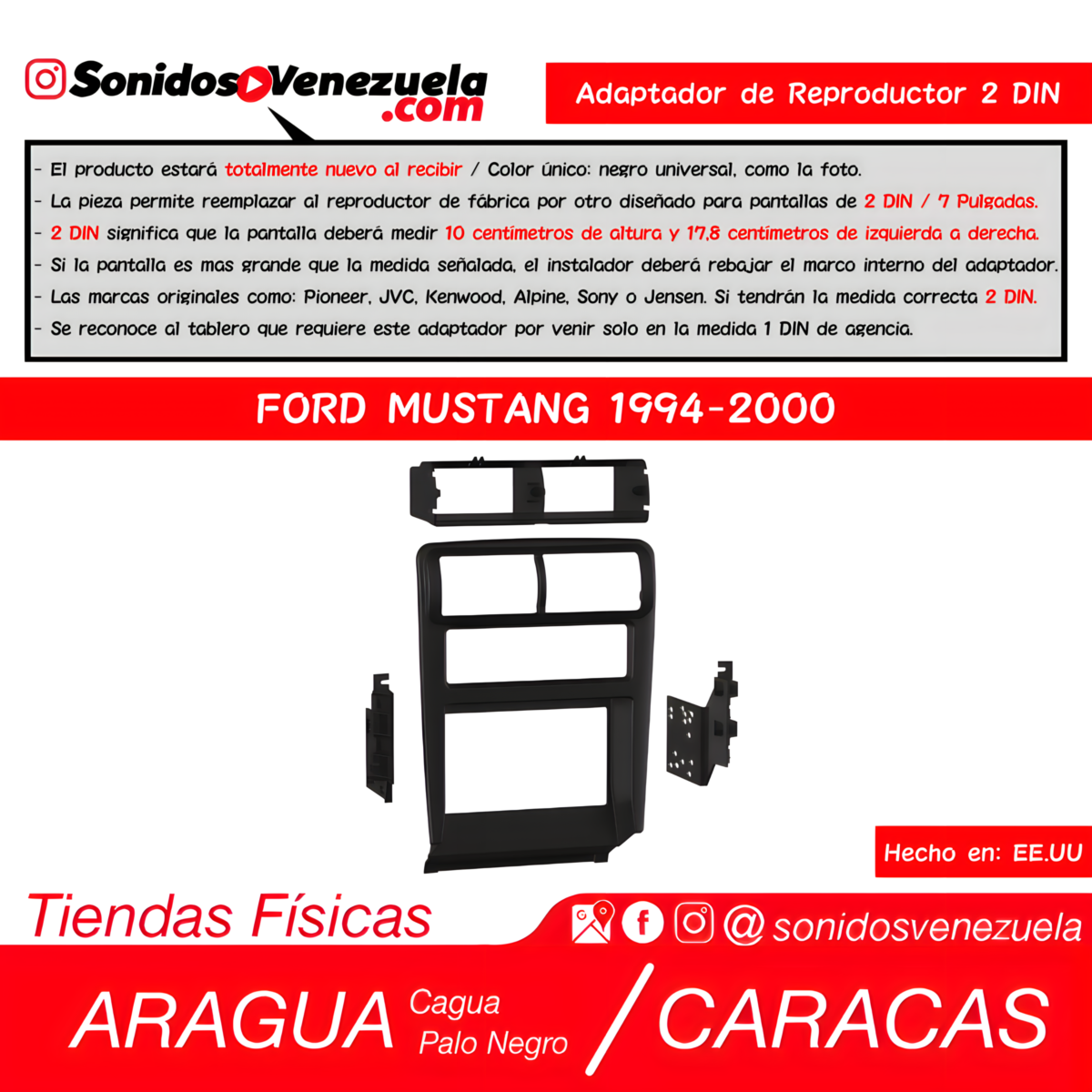 Adaptador de Reproductor 2 DIN Para Ford Mustang 1994-2000
