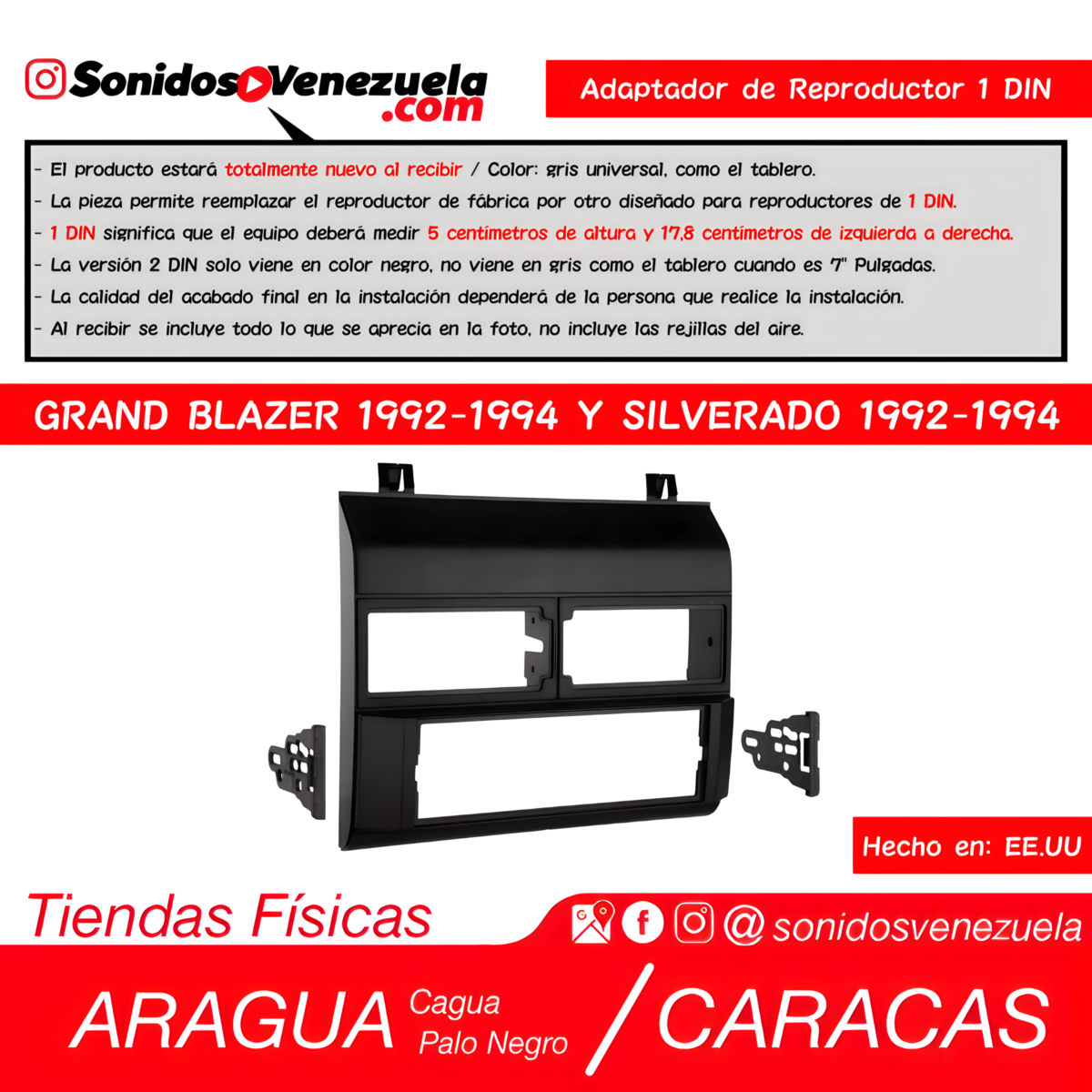 Adaptador de Reproductor 1 DIN Para Chevrolet Grand Blazer 1992-1994 y Silverado 1992-1994
