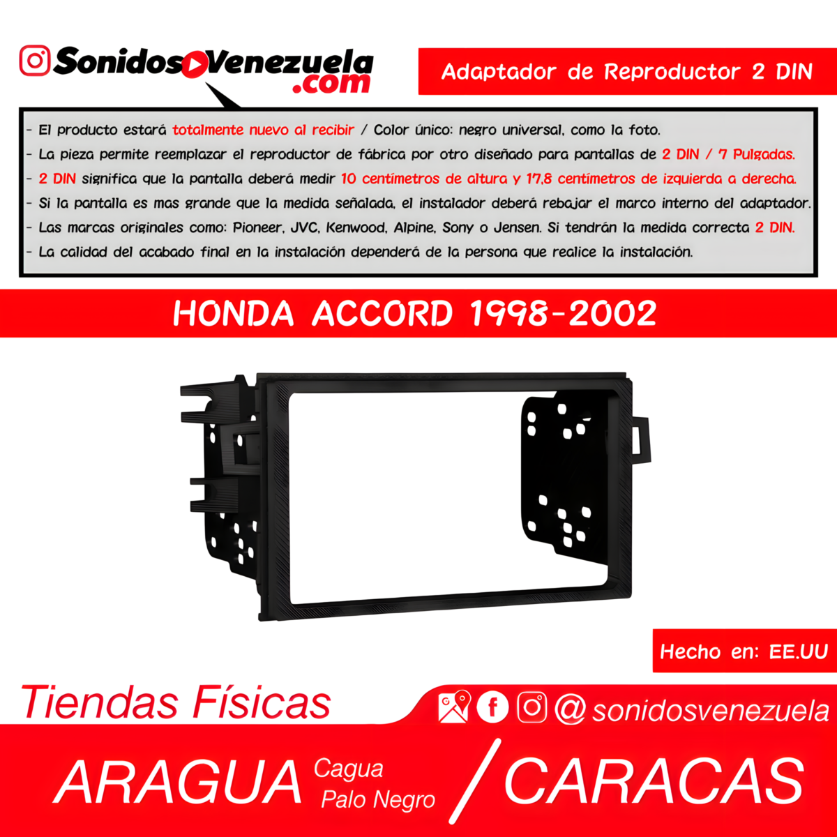 Adaptador de Reproductor 2 DIN Para Honda Accord 1998-2002