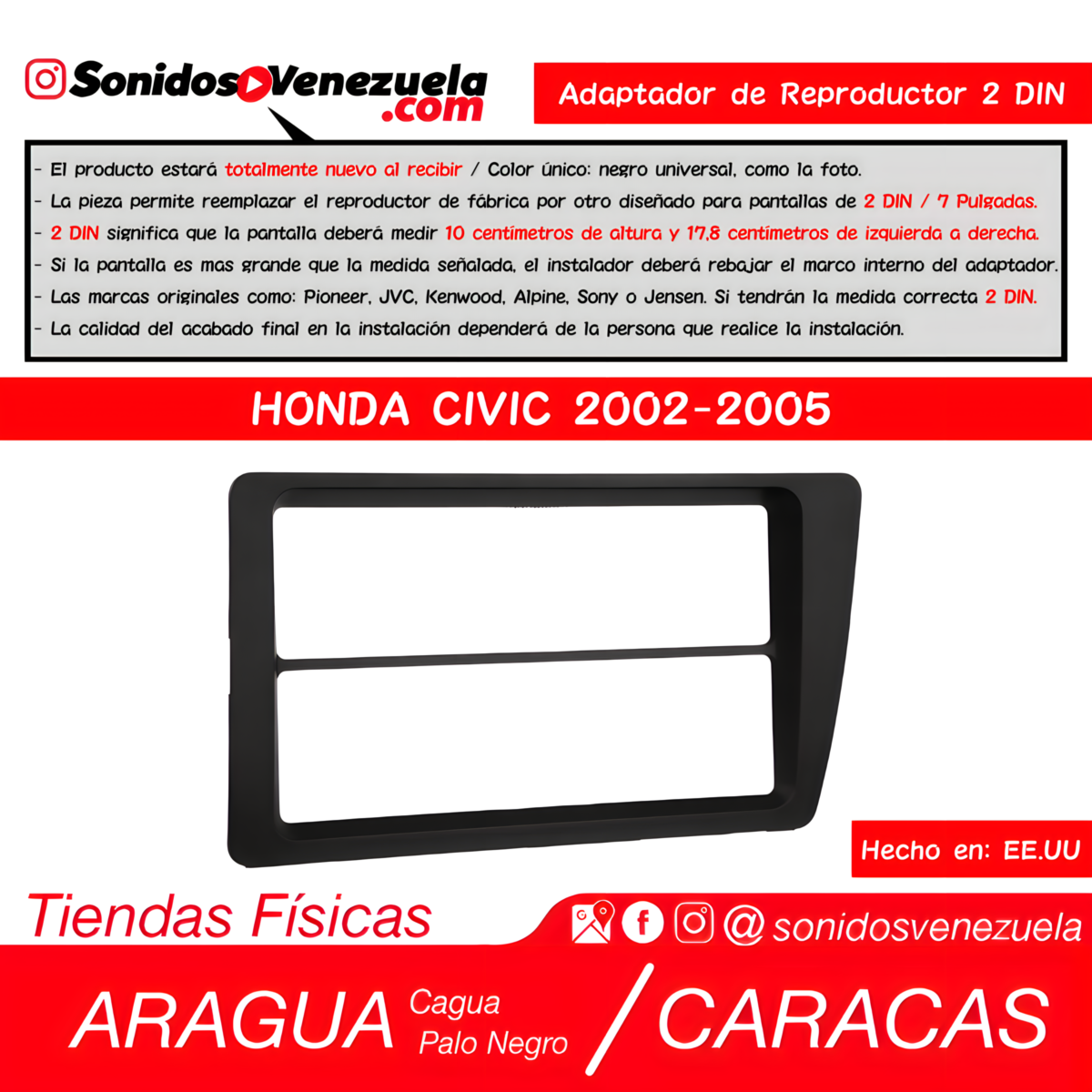 Adaptador de Reproductor 2 DIN Para Honda Civic 2002-2005