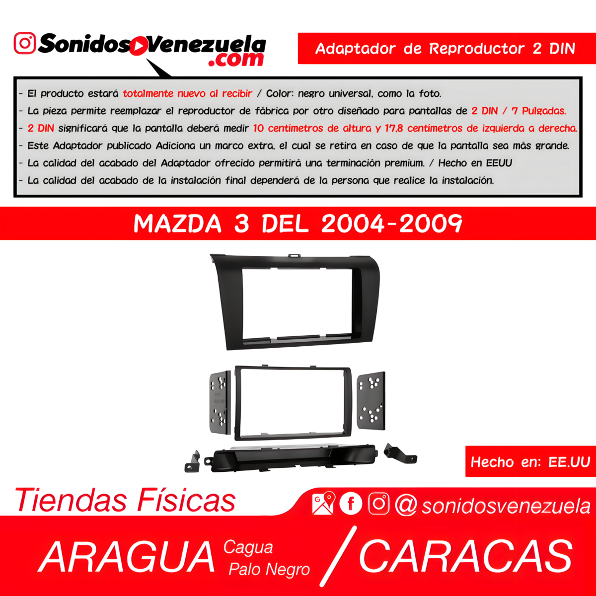 Adaptador de Reproductor 2 DIN Para Mazda 3 del 2004-2009