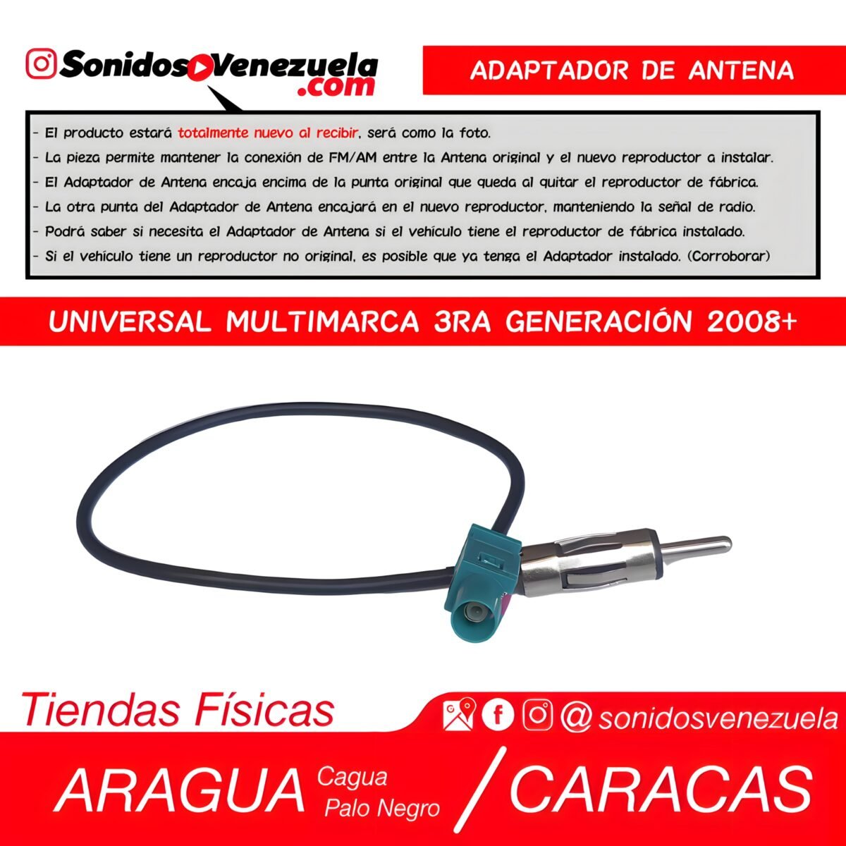 Adaptador de Antena Universal Multimarca 3ra Generación 2008+