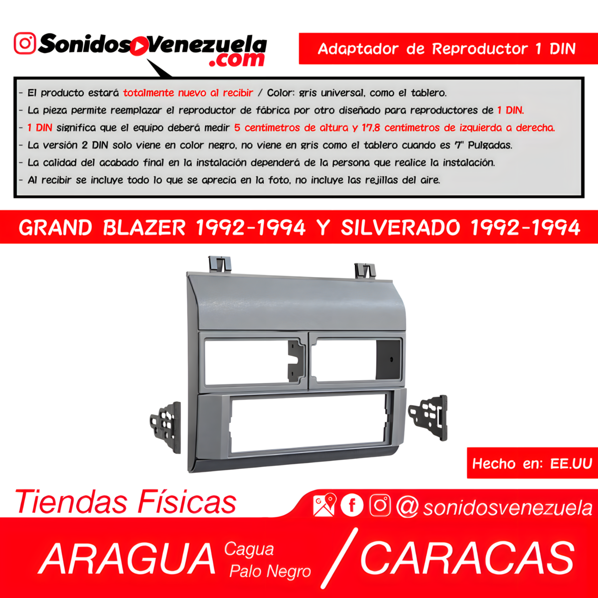 Adaptador de Reproductor 1 DIN Para Chevrolet Grand Blazer 1992-1994 y Silverado 1992-1994