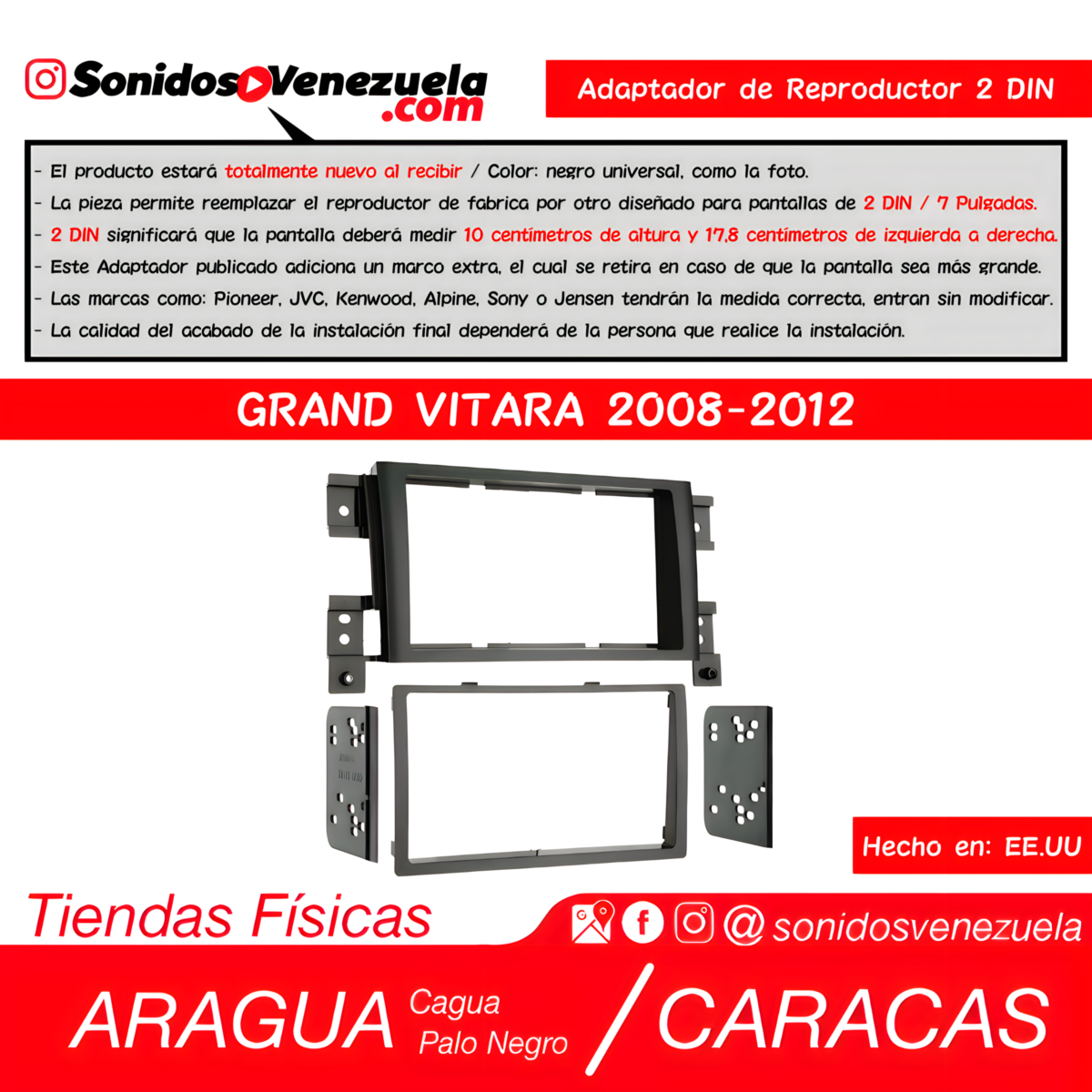 Adaptador de Reproductor 2 DIN Para Suzuki Grand Vitara 2008-2012