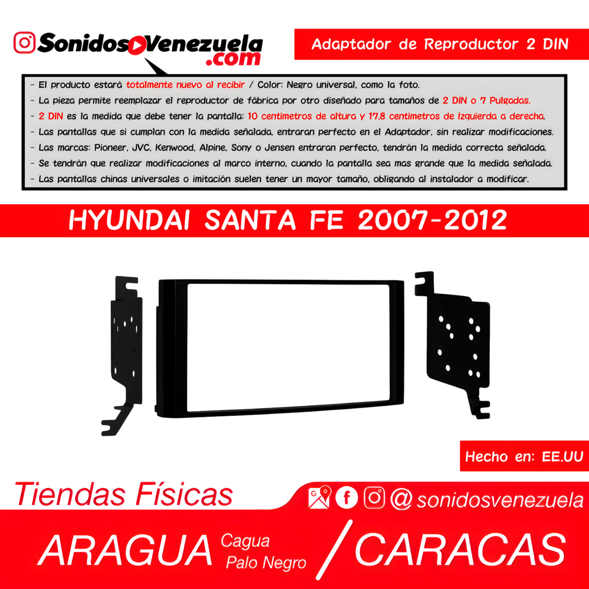 Adaptador de Reproductor 2 DIN Para Hyundai Santa Fe 2007-2012