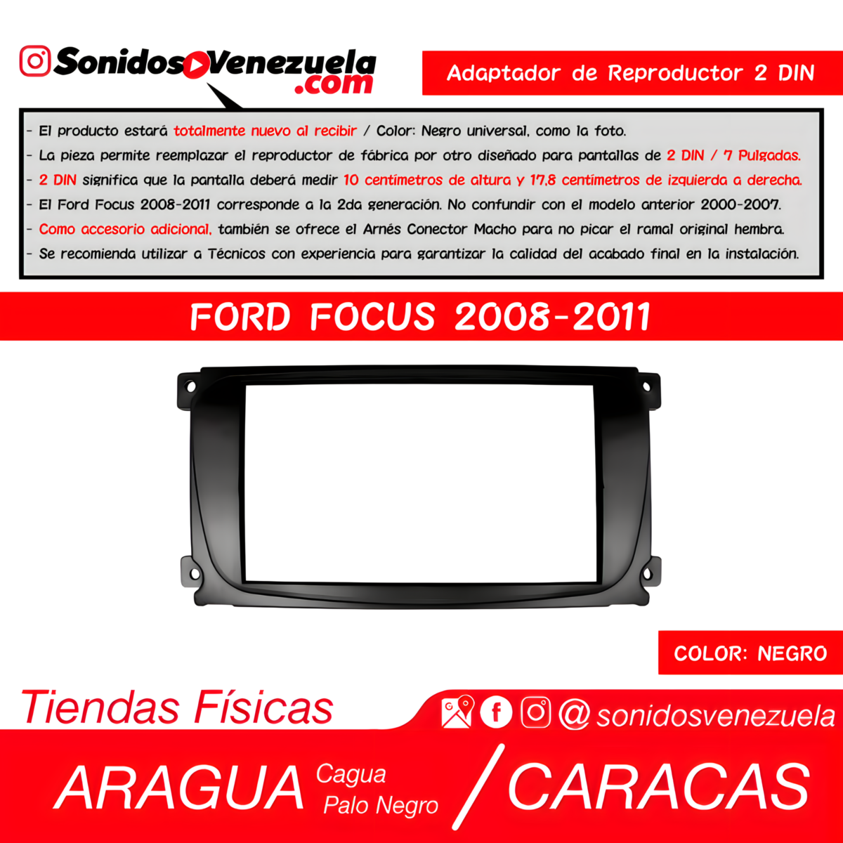 Adaptador de Reproductor 2 DIN Para Ford Focus 2008-2011 (Negro)