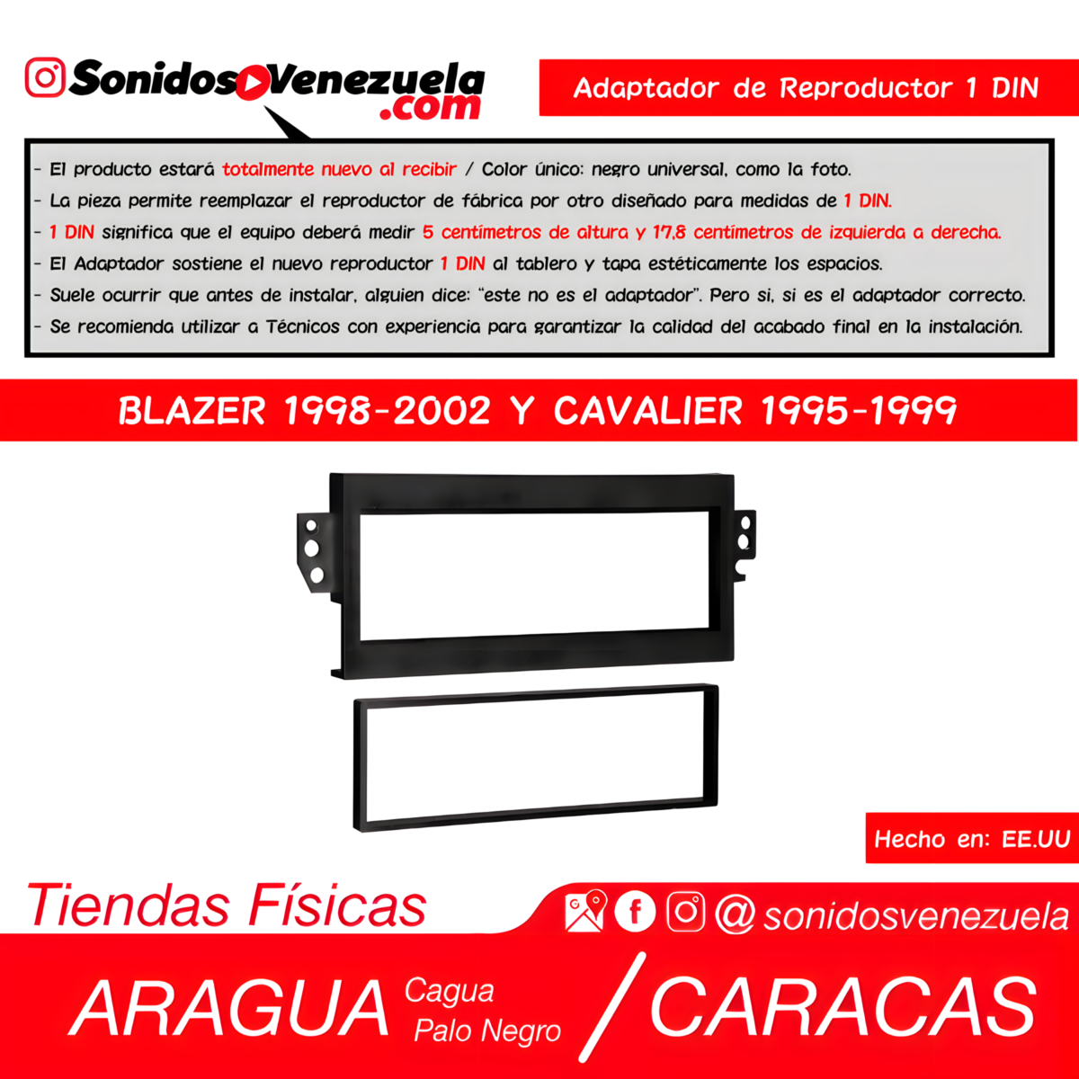 Adaptador de Reproductor 1 DIN Para Chevrolet Blazer 1998-2002 y Cavalier 1995-1999