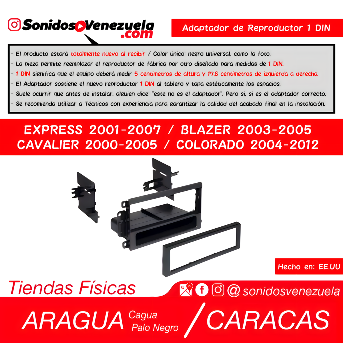 Adaptador de Reproductor 1 DIN Para Chevrolet Express 2001-2007, Cavalier 2000-2005 y Colorado 2004-2012