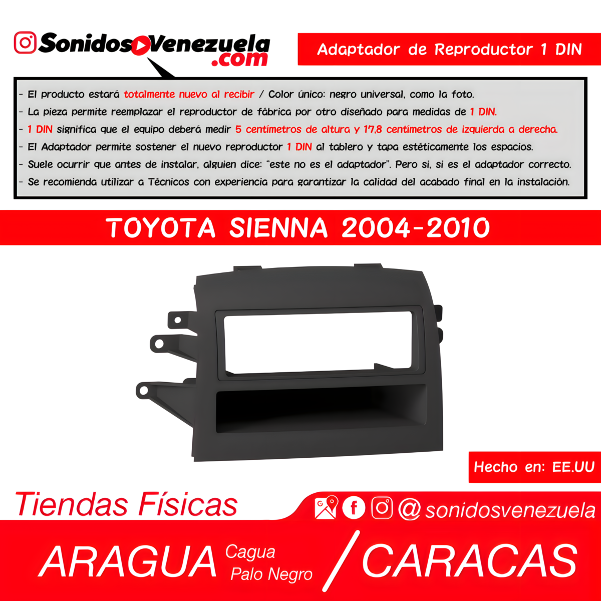 Adaptador de Reproductor 1 DIN Para Toyota Sienna 2004-2010