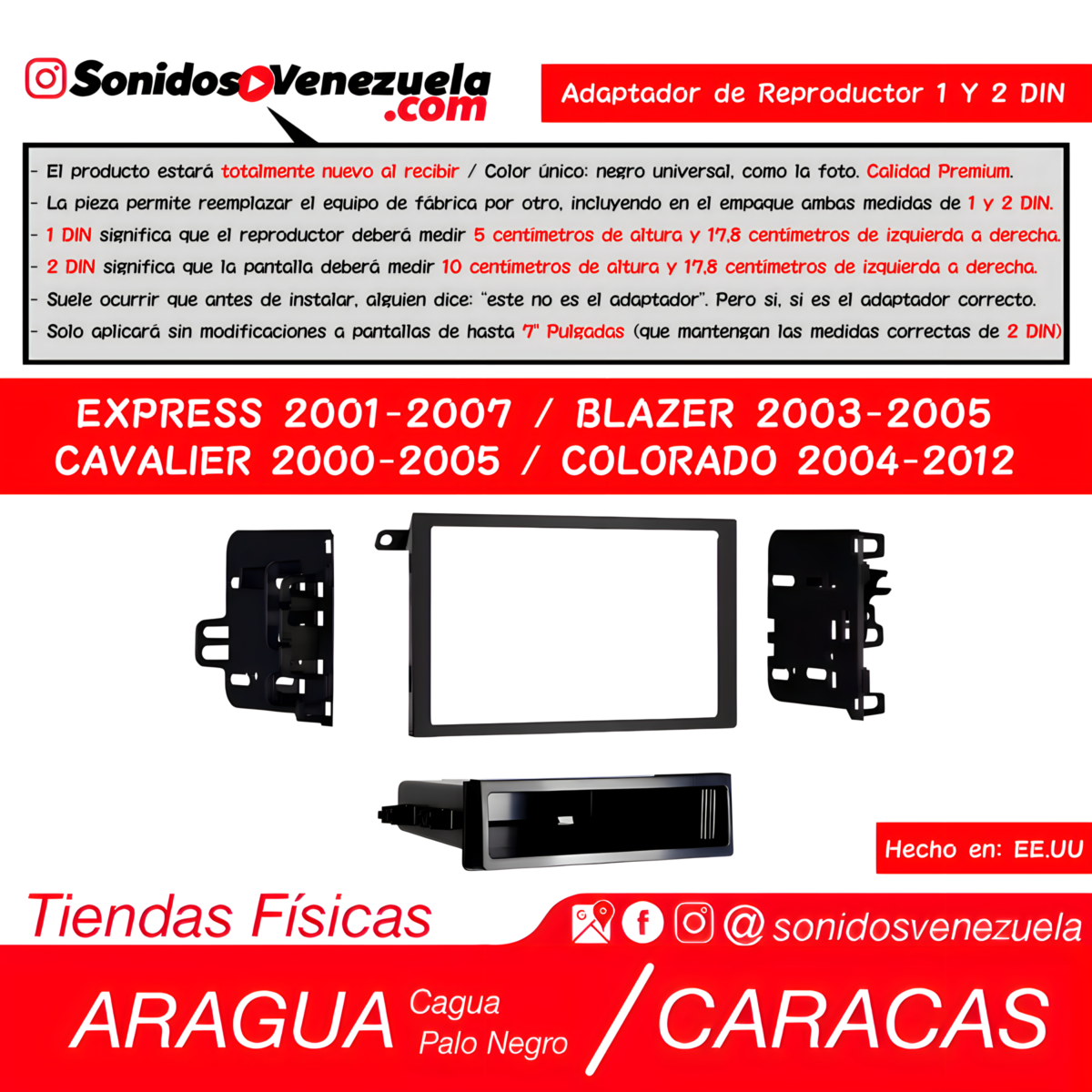Adaptador de Reproductor 1 y 2 DIN Para Chevrolet Express 2001-2007, Cavalier 2000-2005 y Colorado 2004-2012