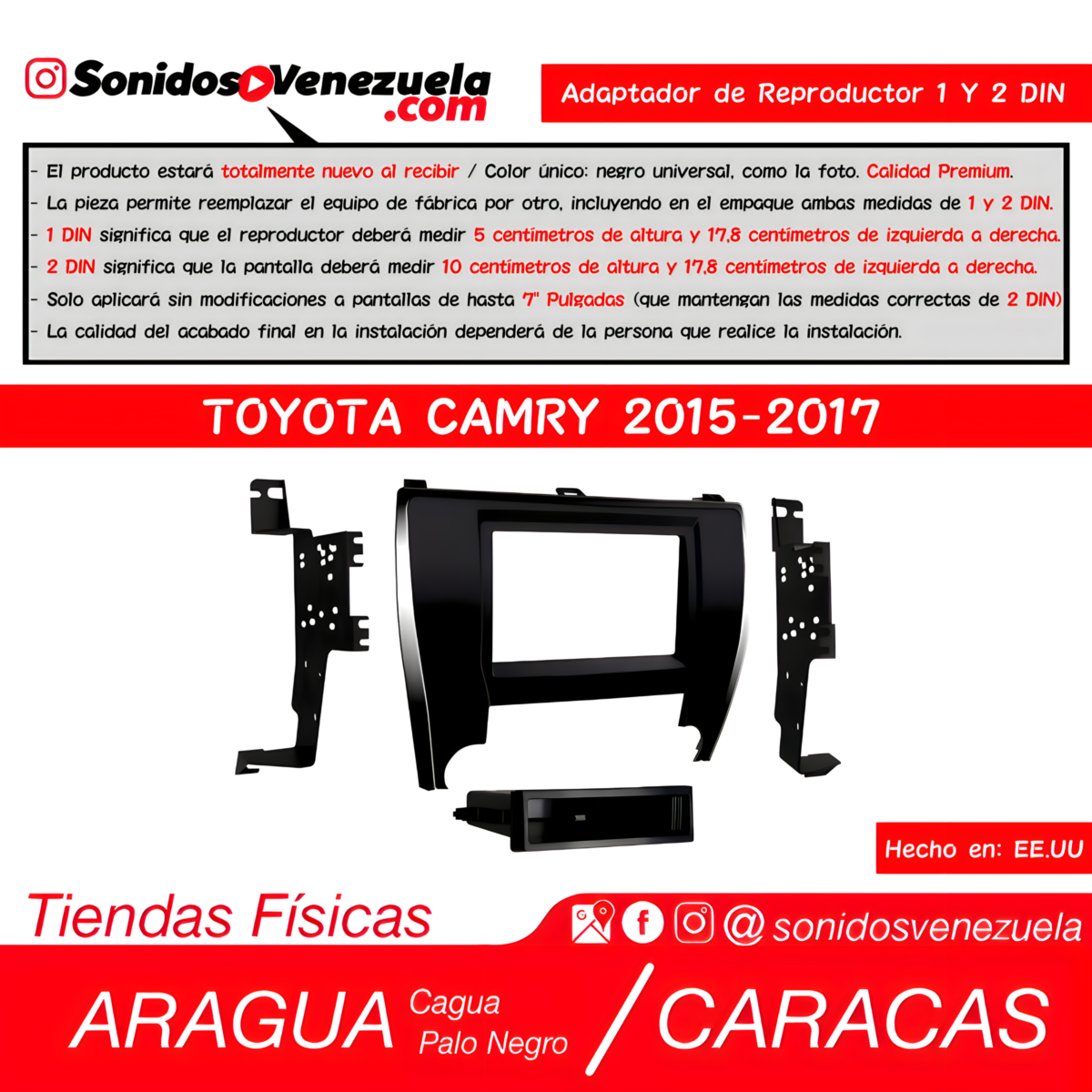 Adaptador de Reproductor 1 y 2 DIN Para Toyota Camry 2015-2017