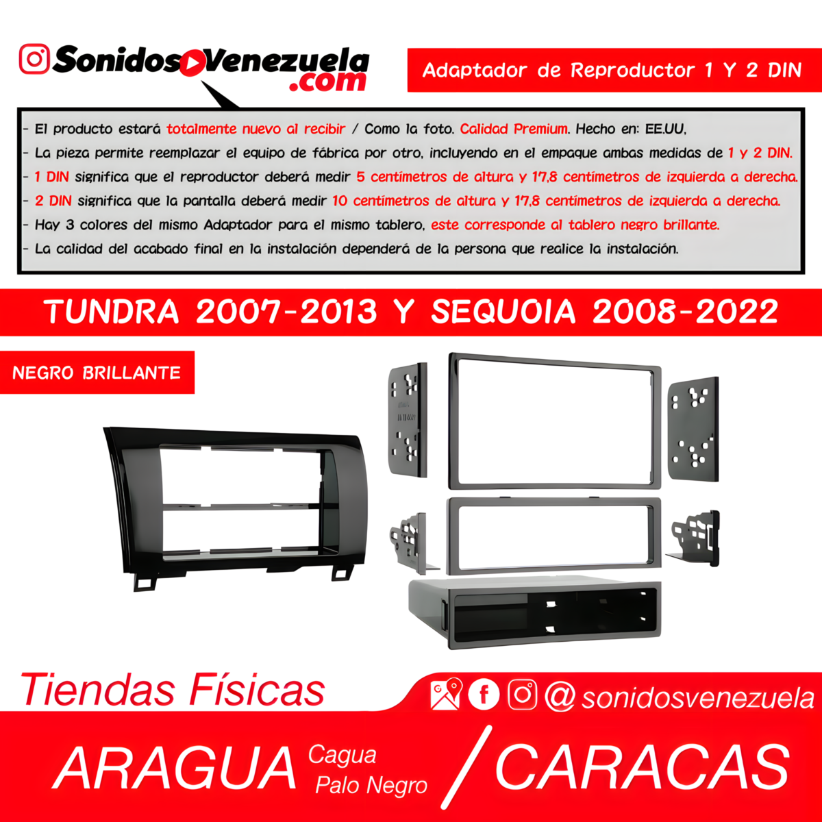 Adaptador de Reproductor 1 y 2 DIN Para Toyota Tundra 2007-2013 y Sequoia 2008-2022 (Negro Brillante)