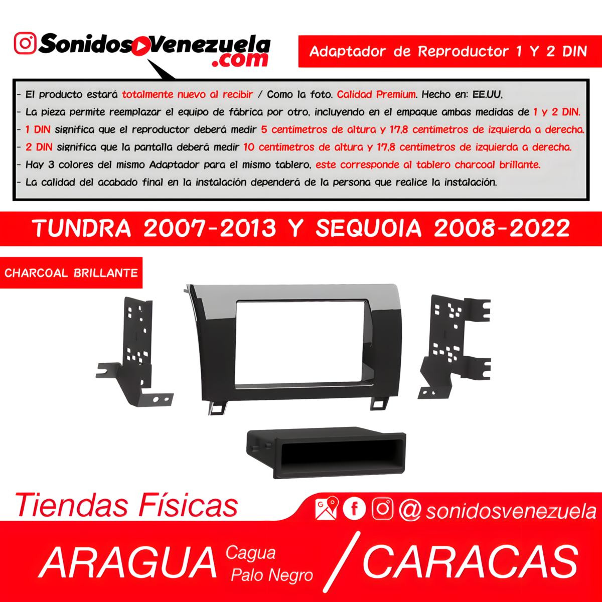 Adaptador de Reproductor 1 y 2 DIN Para Toyota Tundra 2007-2013 y Sequoia 2008-2022 (Charcoal Brillante)