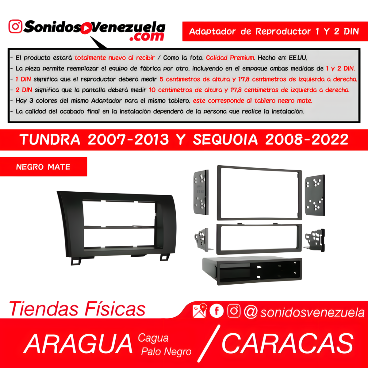 Adaptador de Reproductor 1 y 2 DIN Para Toyota Tundra 2007-2013 y Sequoia 2008-2022 (Negro Mate)