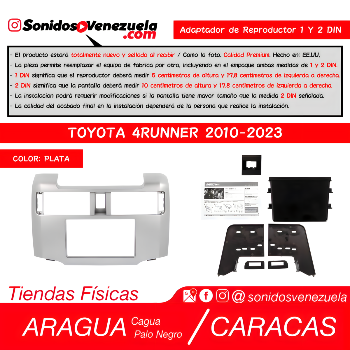 Adaptador de Reproductor 1 y 2 DIN Para Toyota 4Runner 2010-2023 (Gris)