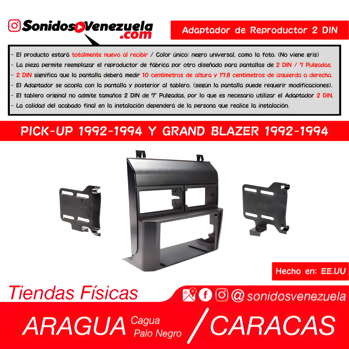 Adaptador de Reproductor 2 DIN Para Chevrolet Grand Blazer 1992-1994 y Pick-Up 1992-1994