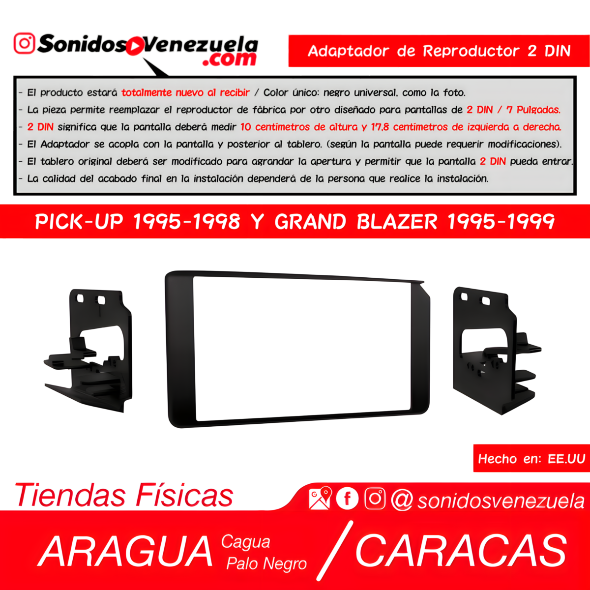 Adaptador de Reproductor 2 DIN Para Chevrolet Pick-Up Silverado / Cheyenne 1995-1998 y Grand Blazer 1995-1999