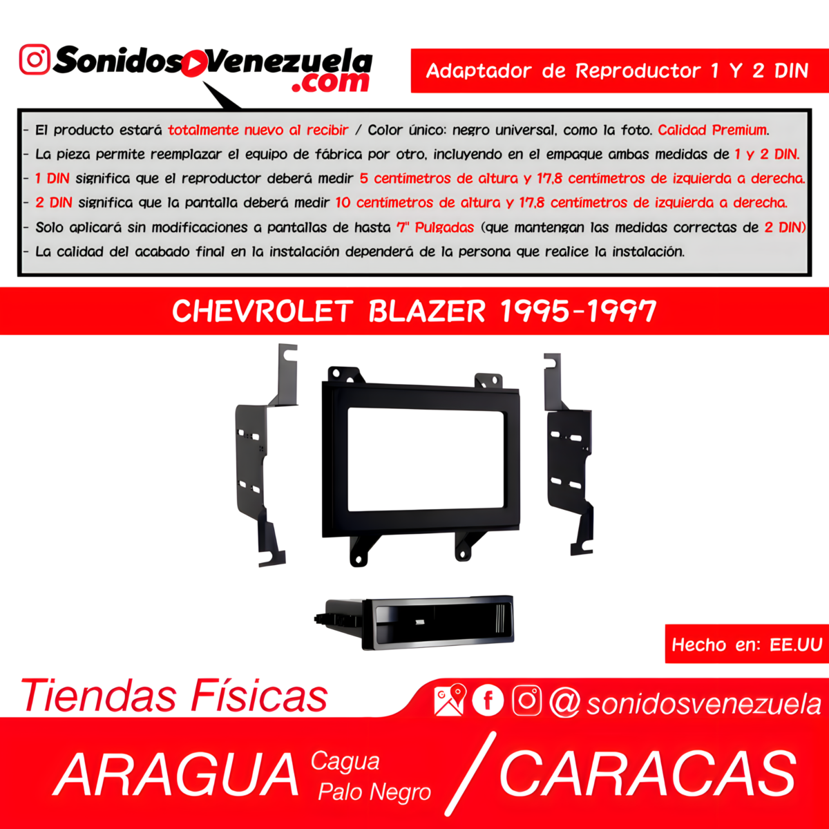 Adaptador de Reproductor 1 y 2 DIN Para Chevrolet Blazer 1995-1997