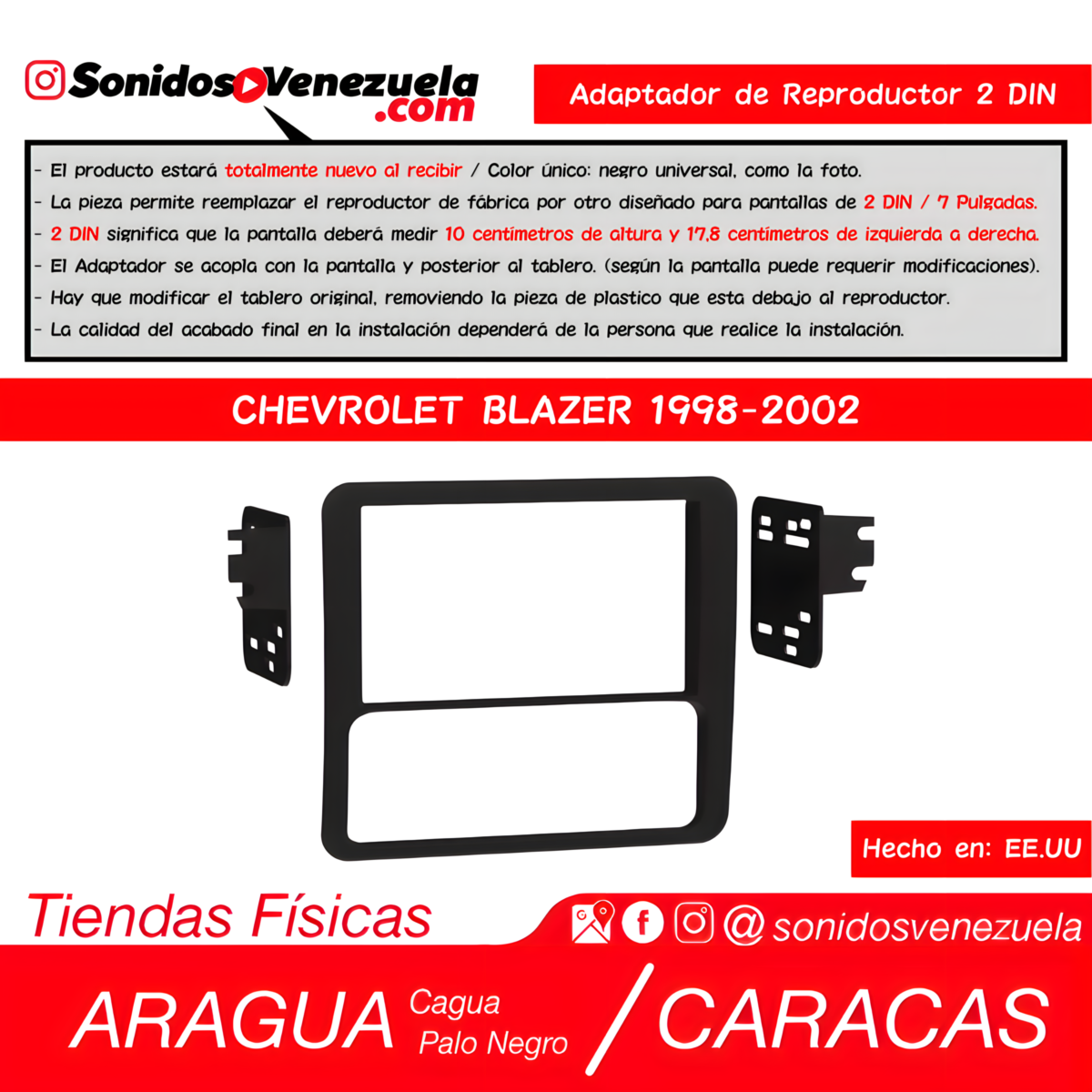 Adaptador de Reproductor 2 DIN Para Chevrolet Blazer 1998-2002