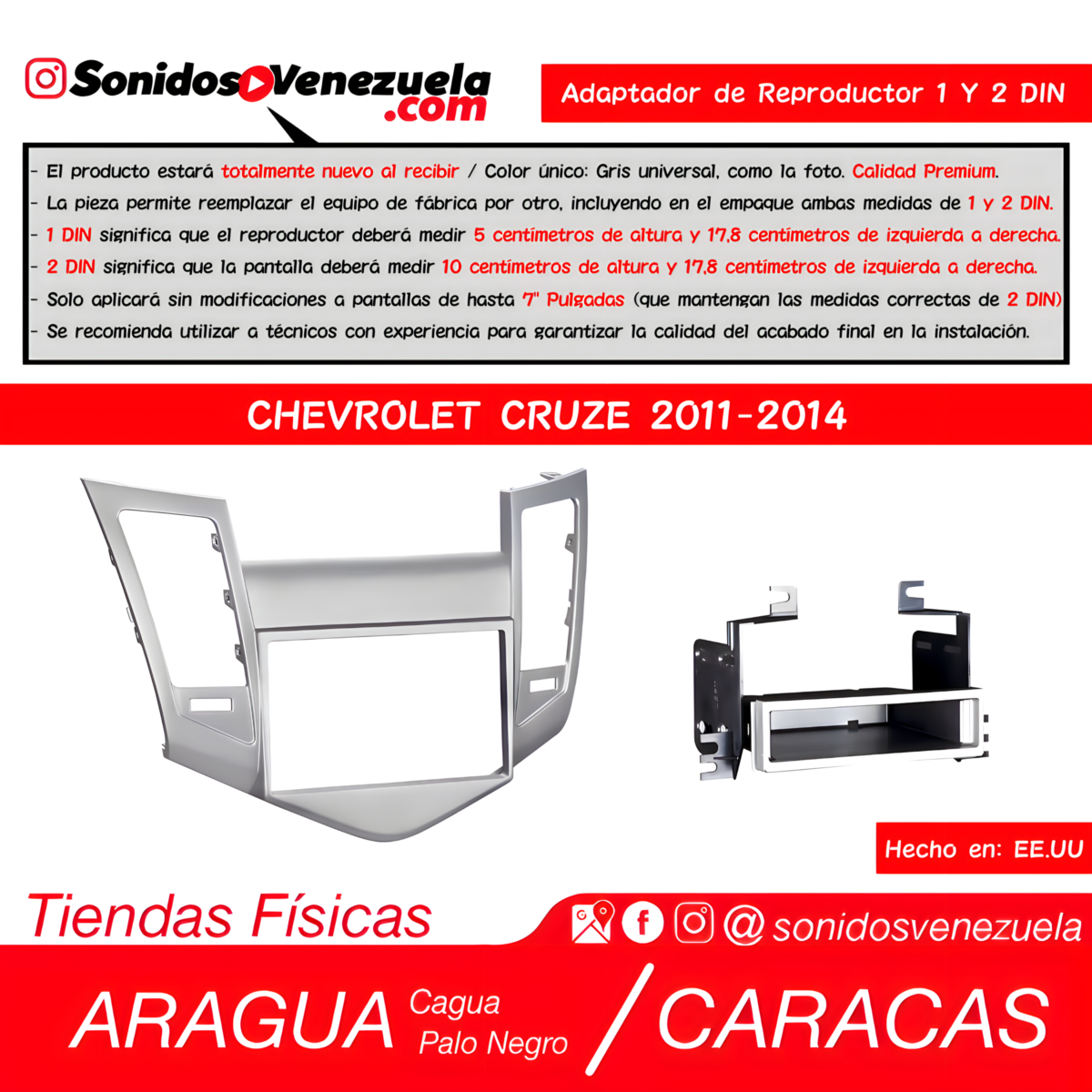 Adaptador de Reproductor 2 DIN Para Chevrolet Cruze 2011-2014