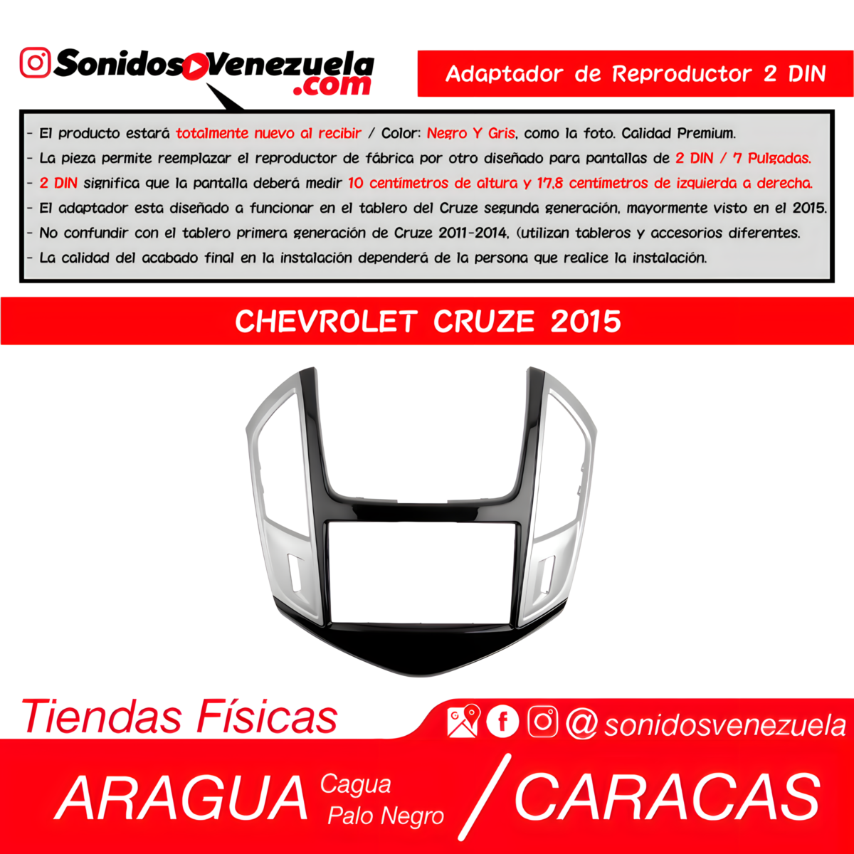 Adaptador de Reproductor 2 DIN Para Chevrolet Cruze 2015