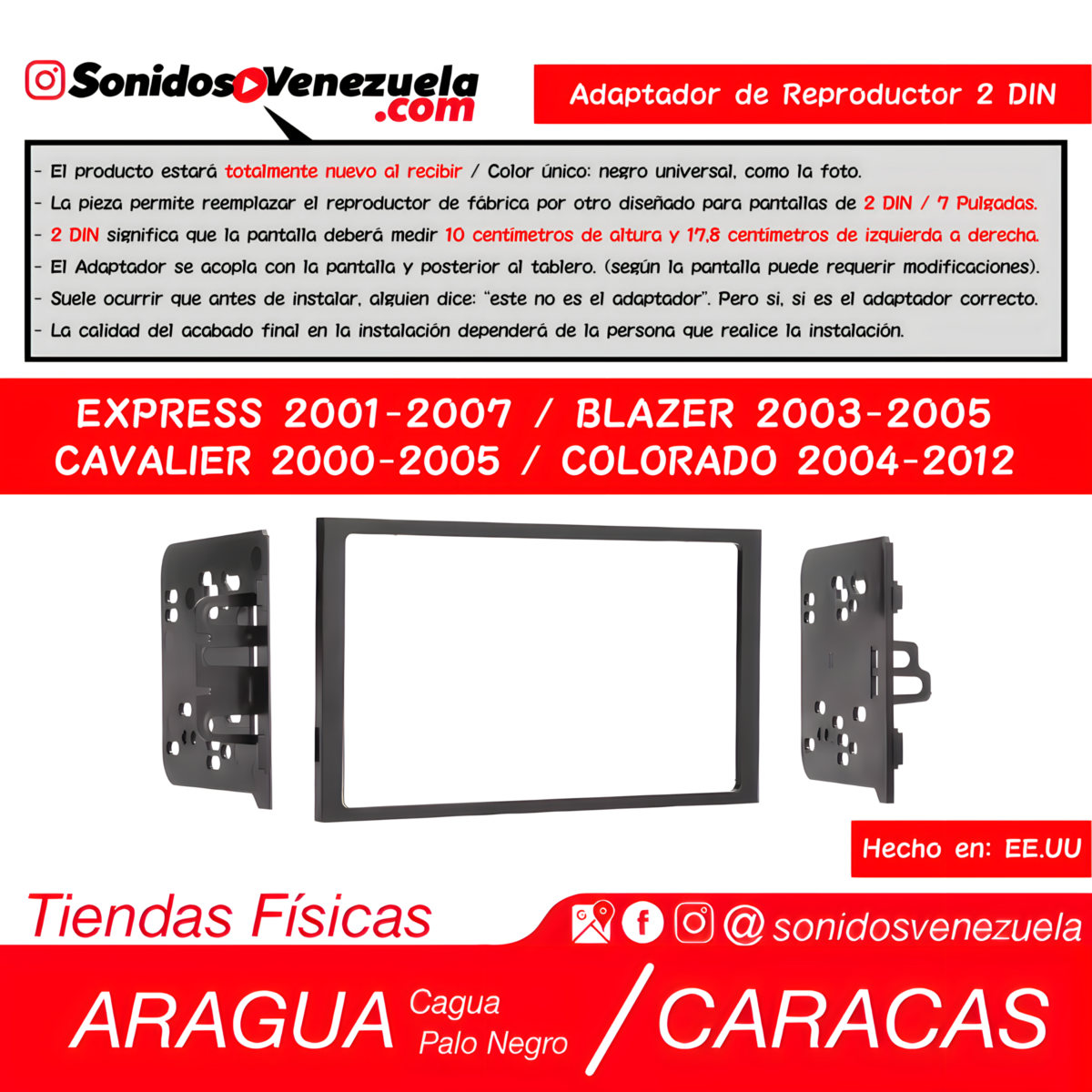 Adaptador de Reproductor 2 DIN Para Chevrolet Express 2001-2007, Cavalier 2000-2005 y Colorado 2004-2012