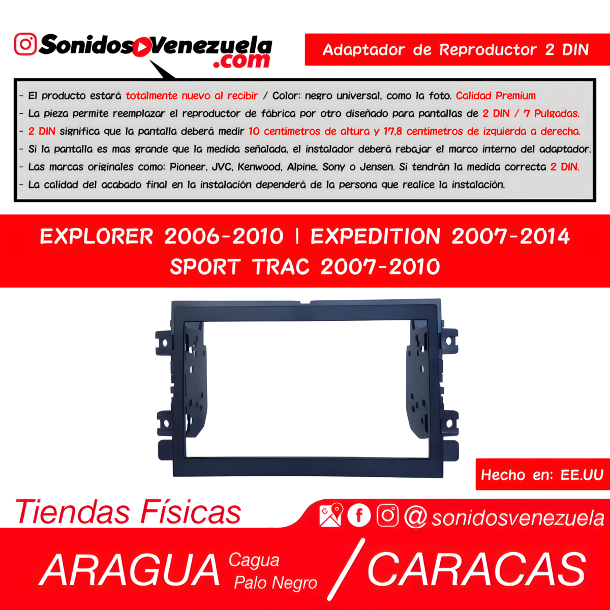 Adaptador de Reproductor 2 DIN Para Ford Explorer 2006-2010, Expedition 2007-2014 y Sport Trac 2007-2010