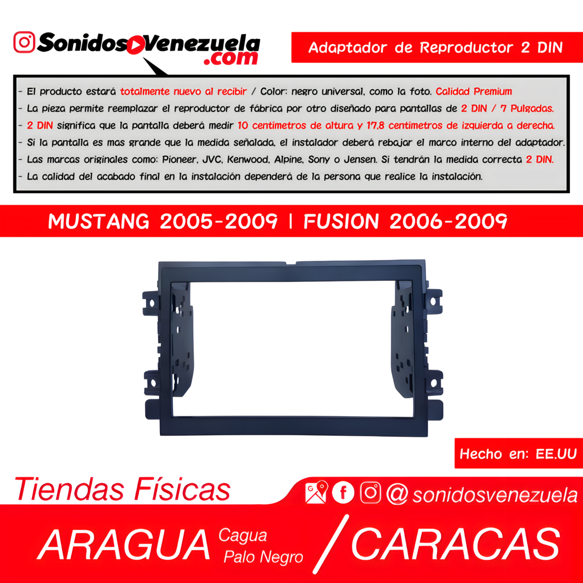 Adaptador de Reproductor 2 DIN Para Ford Mustang 2005-2009 y Fusion 2005-2009