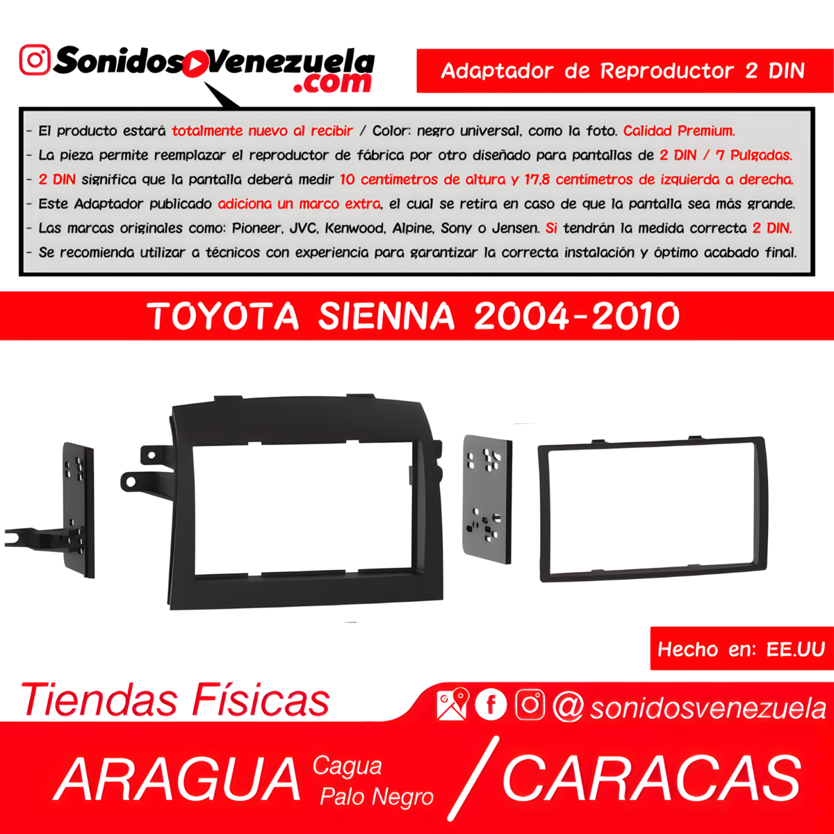 Adaptador de Reproductor 2 DIN Para Toyota Sienna 2004-2010