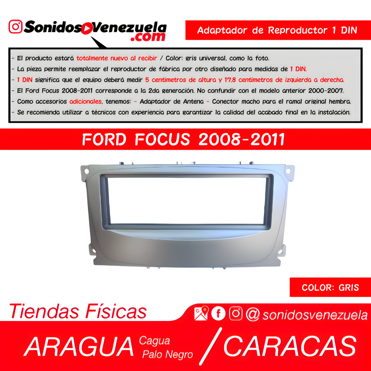 Adaptador de Reproductor 1 DIN Para Ford Focus 2008-2011 (Gris)