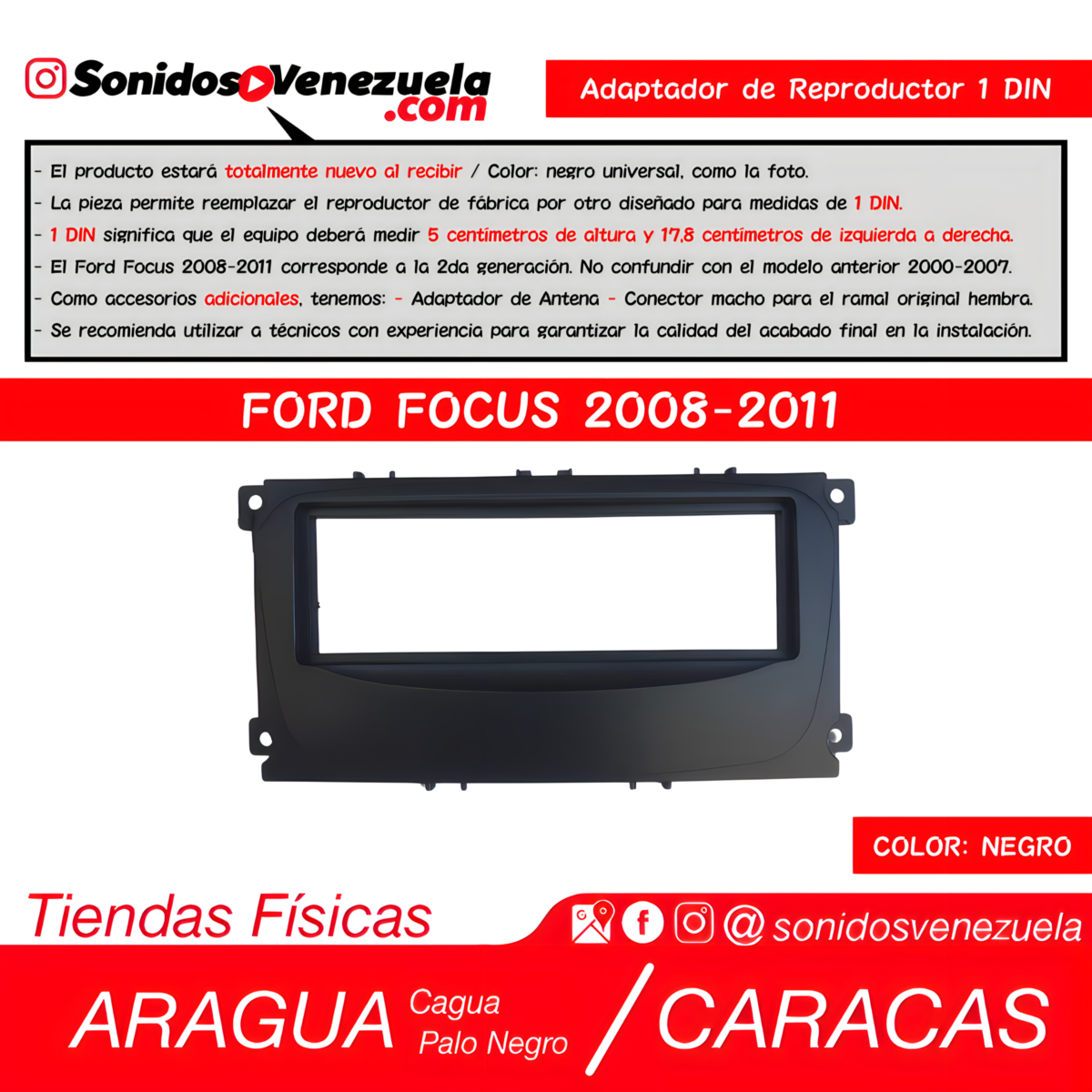 Adaptador de Reproductor 1 DIN Para Ford Focus 2008-2011 (Negro)