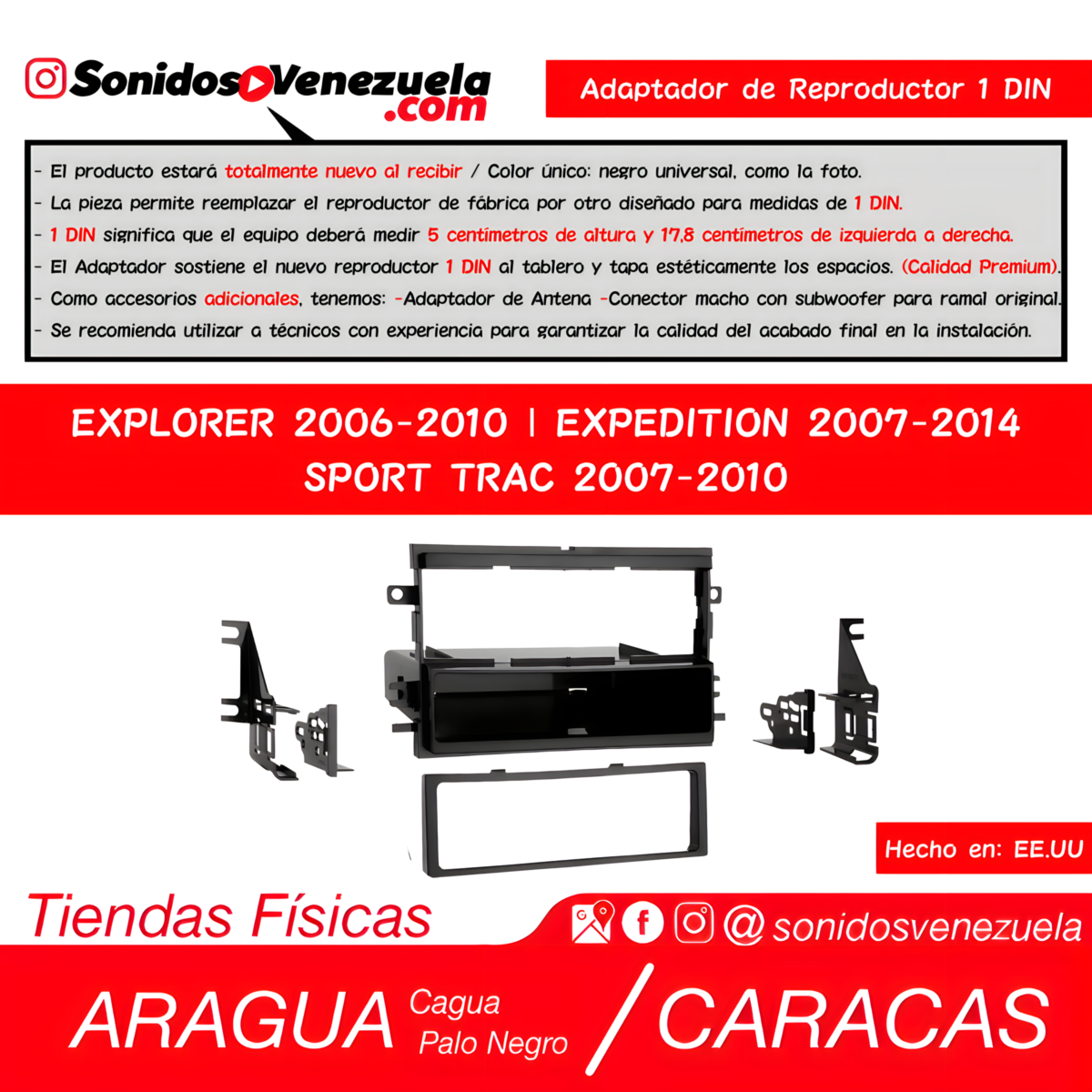 Adaptador de Reproductor 1 DIN Para Ford Explorer 2006-2010, Expedition 2007-2014 y Sport Trac 2007-2010