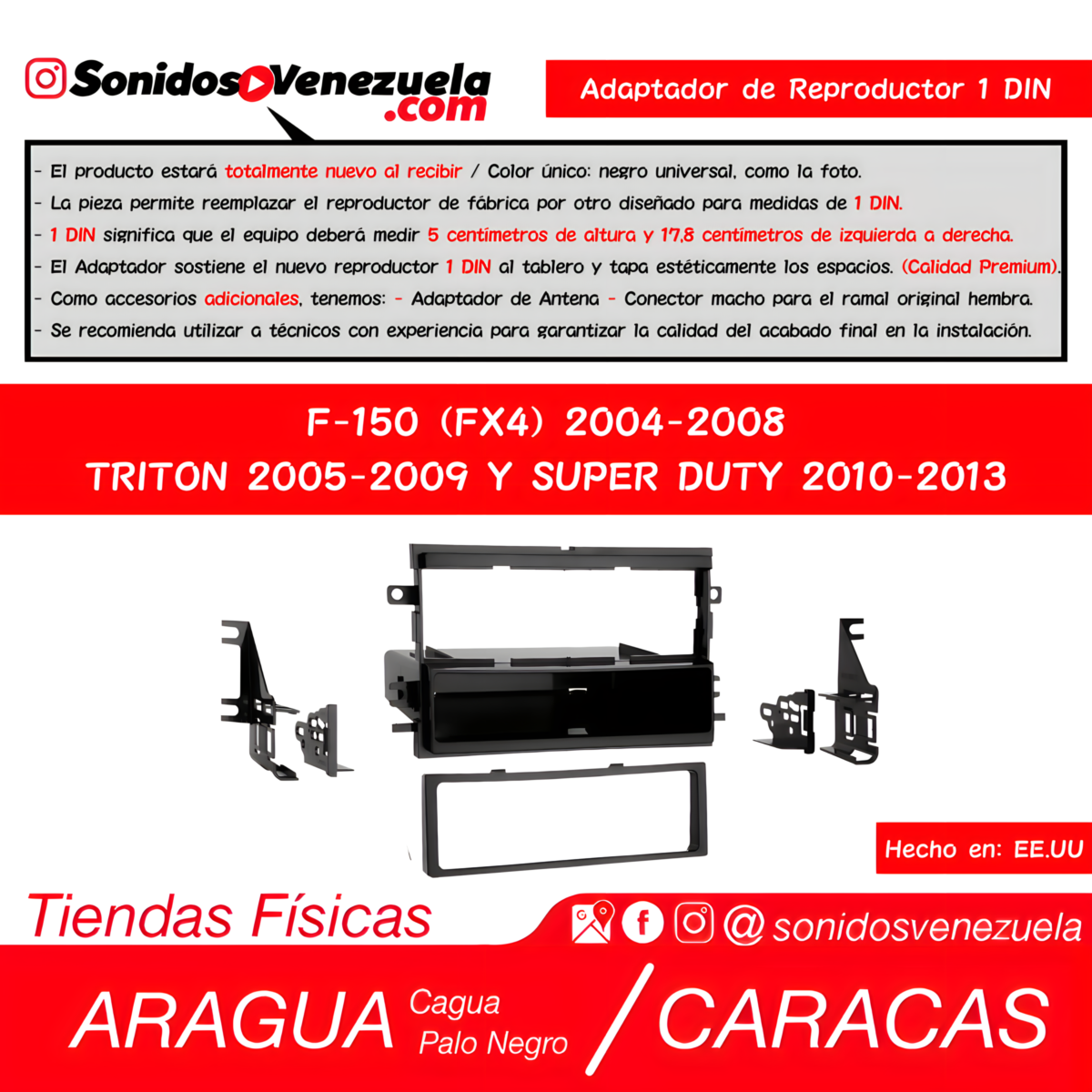 Adaptador de Reproductor 1 DIN Para Ford F150 FX4 2004-2008, Triton 2005-2009 y Super Duty 2010-2013
