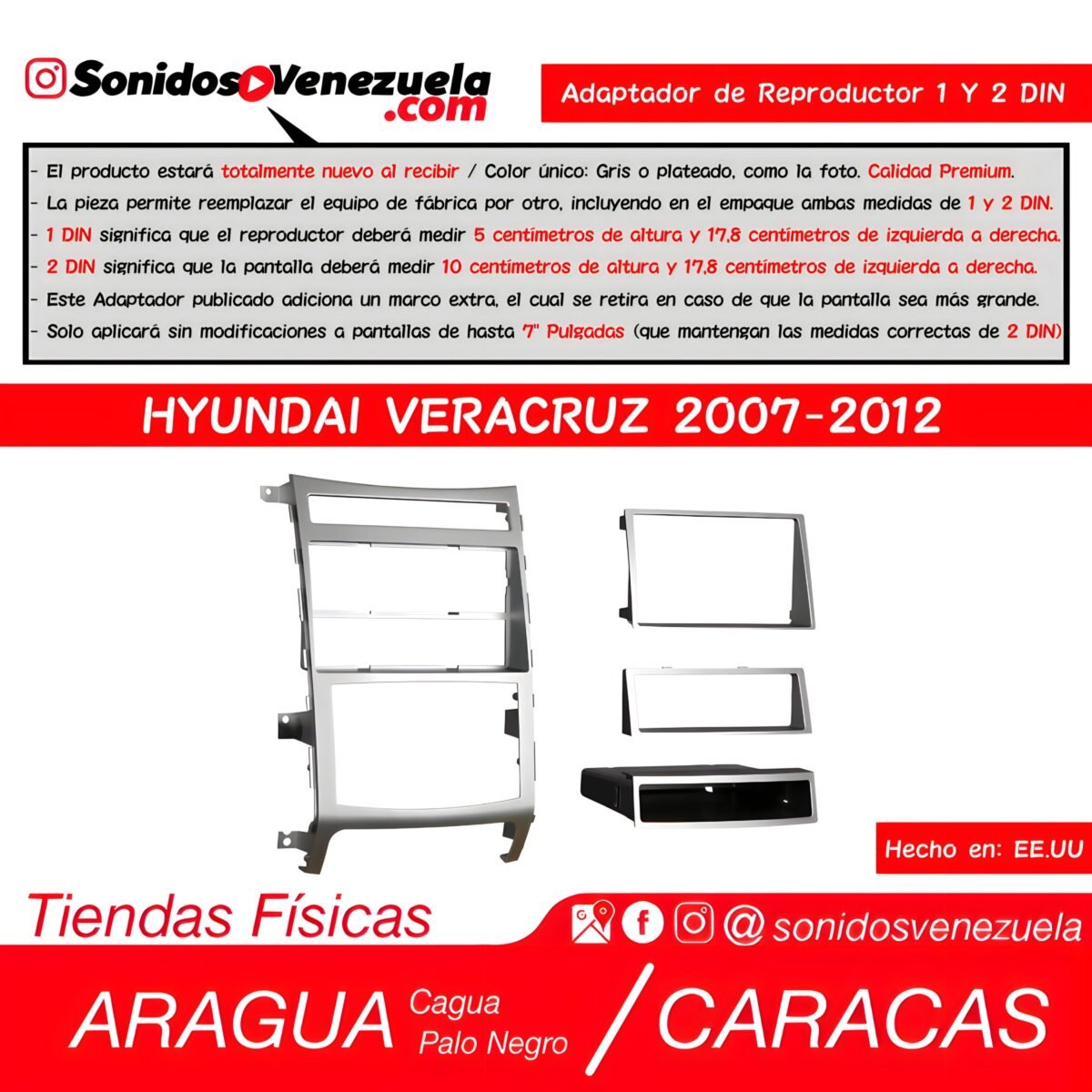 Adaptador de Reproductor 1 y 2 DIN Para Hyundai Veracruz 2007-2012
