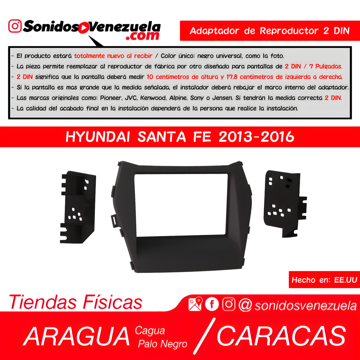 Adaptador de Reproductor 2 DIN Para Hyundai Santa Fe 2013-2016
