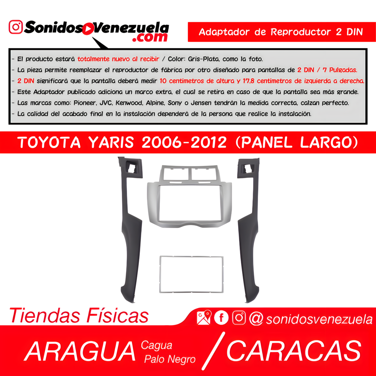 Adaptador de Reproductor 2 DIN Para Toyota Yaris 2006-2012 (Panel Largo)