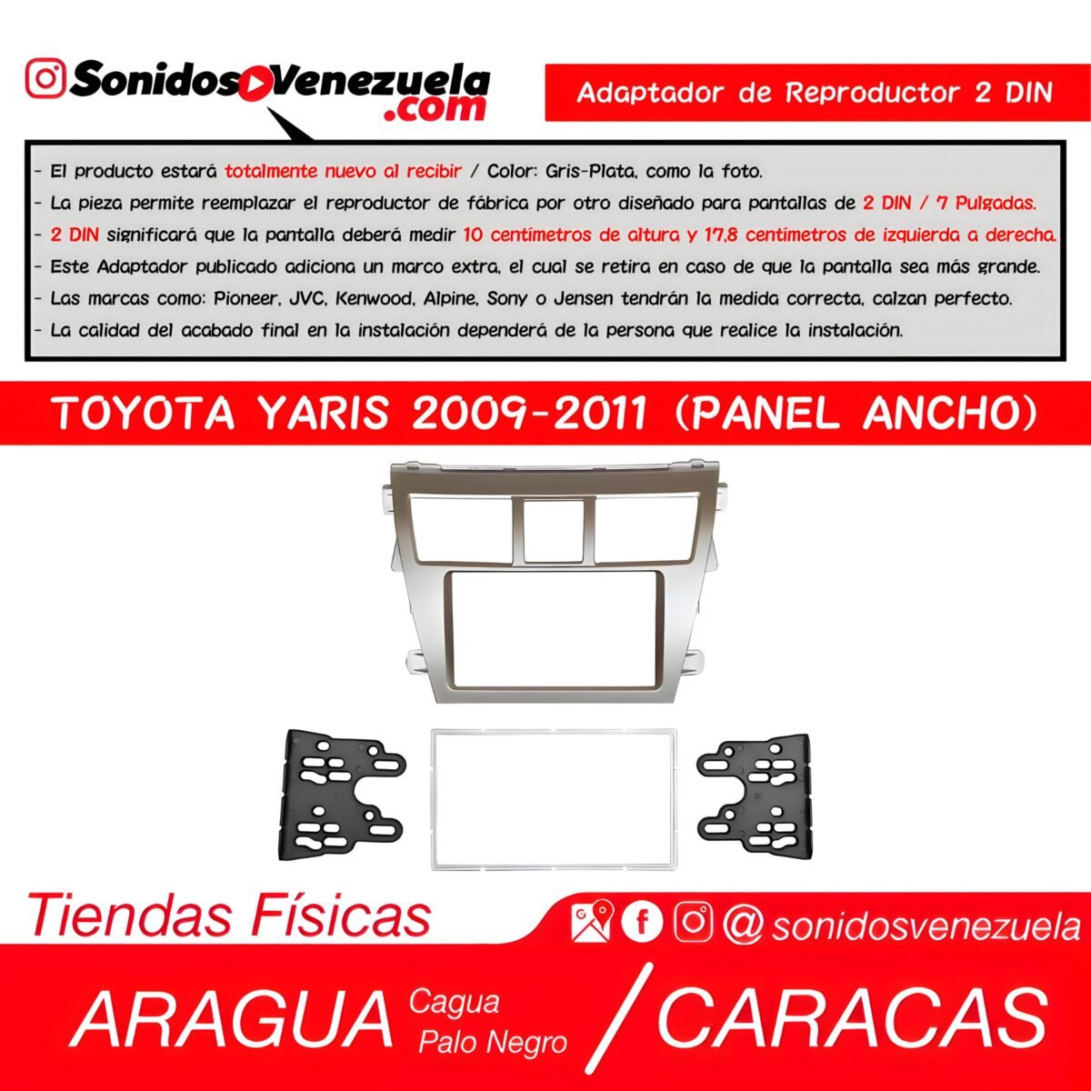 Adaptador de Reproductor 2 DIN Para Toyota Yaris 2009-2011 (Panel Ancho)