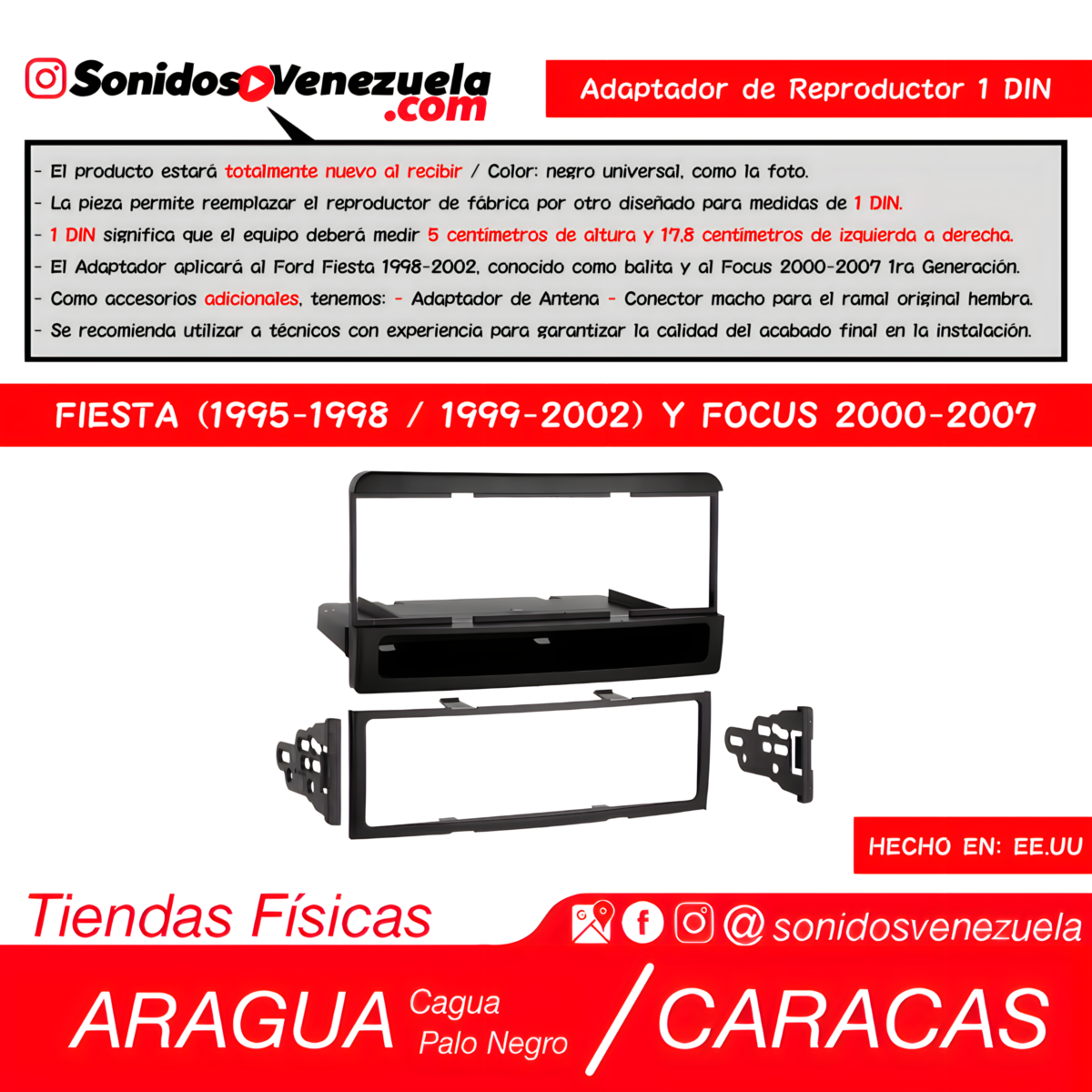 Adaptador de Reproductor 1 DIN Para Ford Fiesta 1995-2002 y Focus 2000-2007