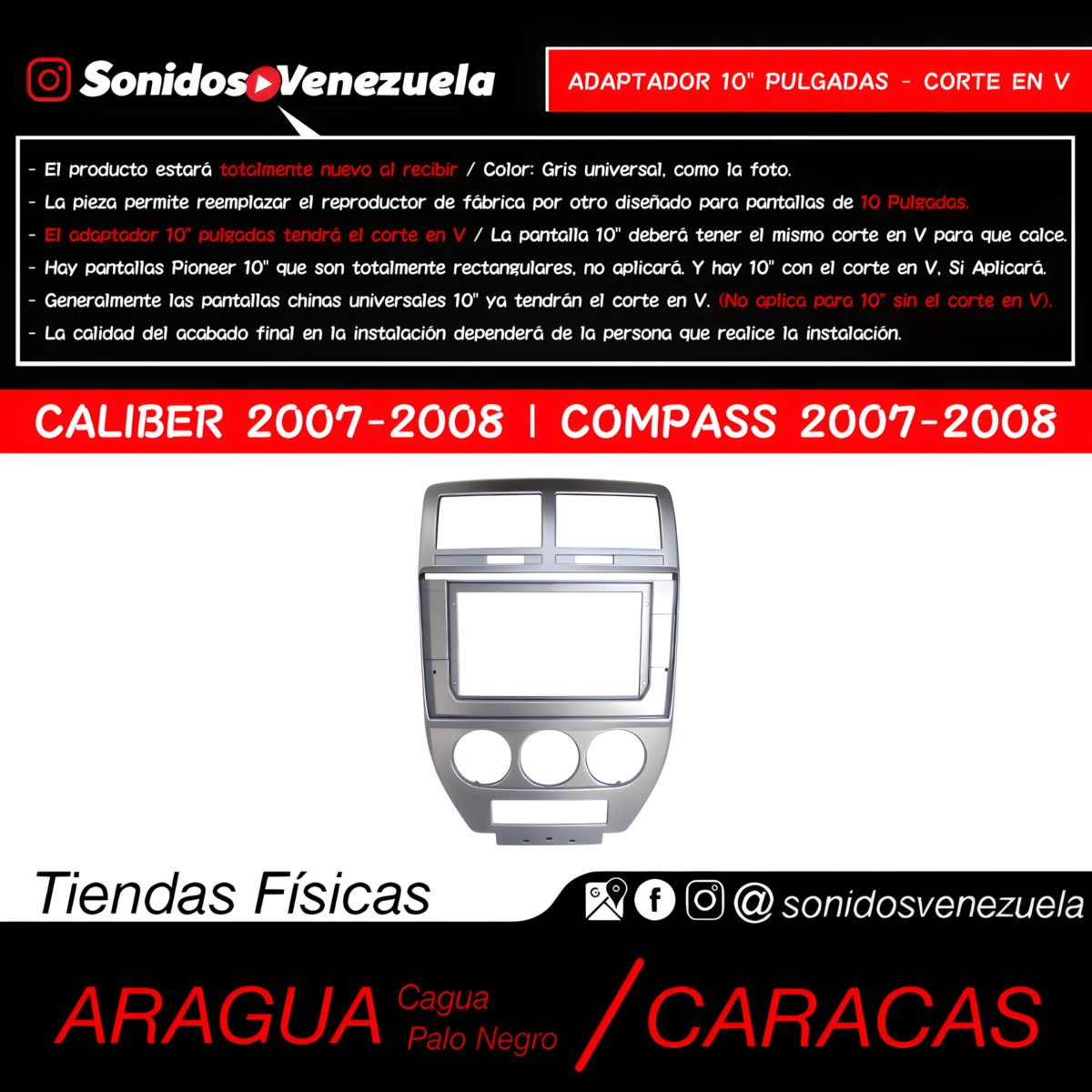 Adaptador 10" Pulgadas Para Dodge Caliber 2007-2008 y Jeep Compass 2007-2008