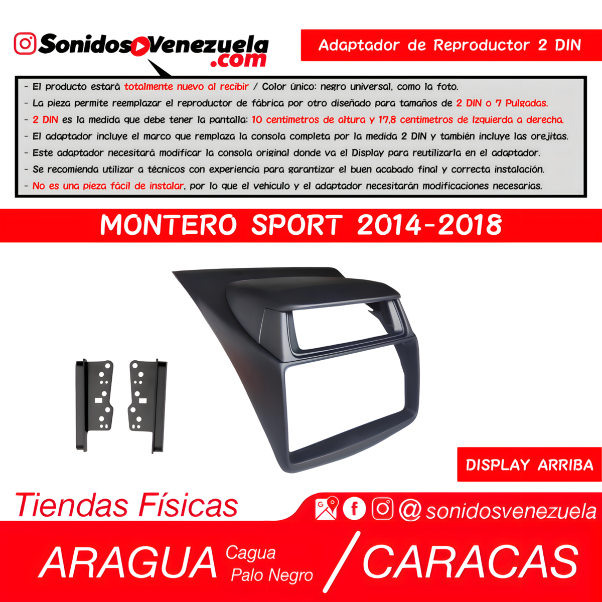 Adaptador de Reproductor 2 DIN Para Mitsubishi Montero Sport 2014-2018 (Display Arriba)