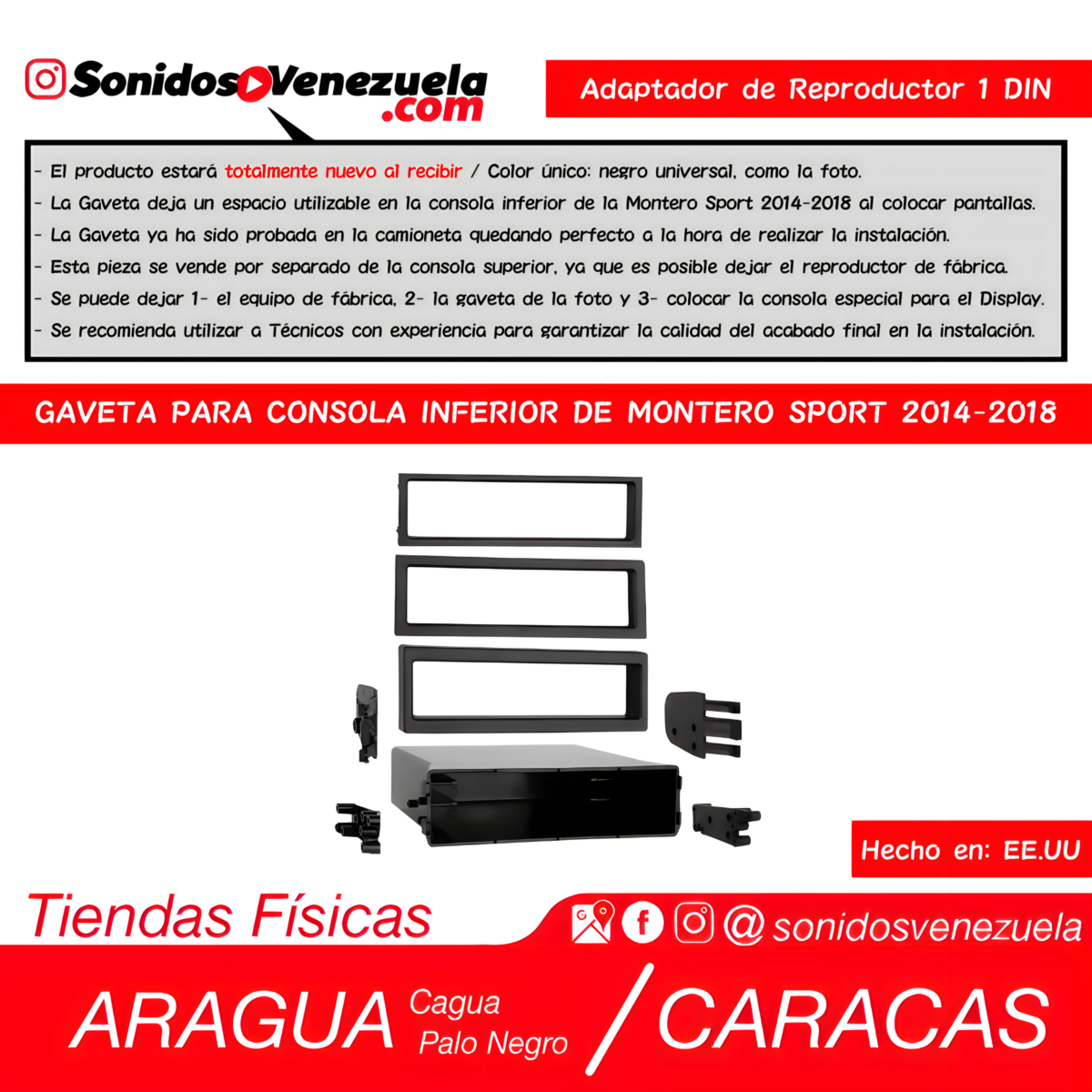 Gaveta 1 DIN Para Consola Inferior de Mitsubishi Montero Sport 2014-2018