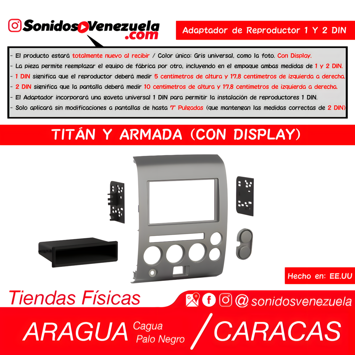 Adaptador de Reproductor 1 y 2 DIN Para Nissan Titan 2006-2007 y Armada 2006-2007 (Con Display Naranja)
