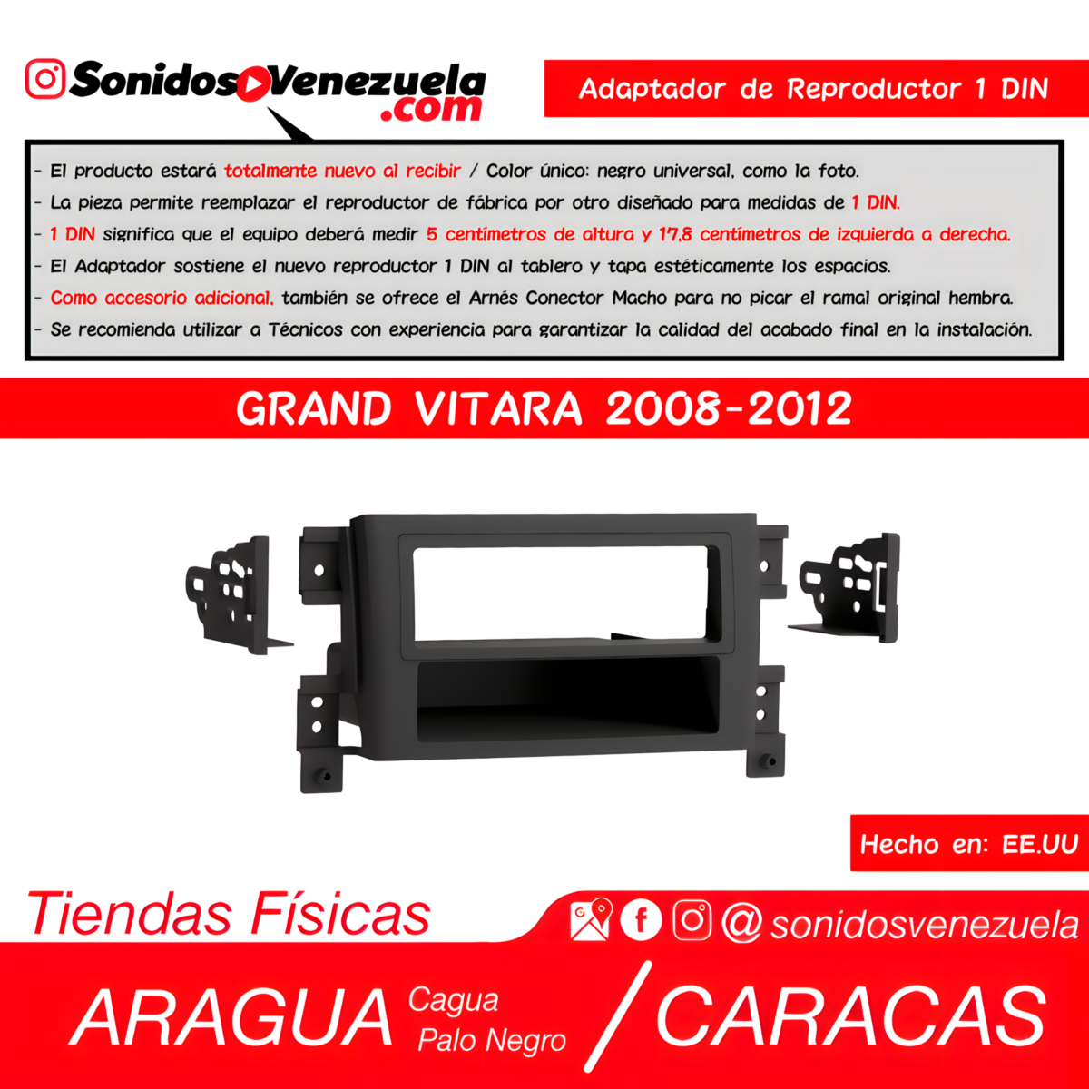 Adaptador de Reproductor 1 DIN Para Suzuki Grand Vitara 2008-2012